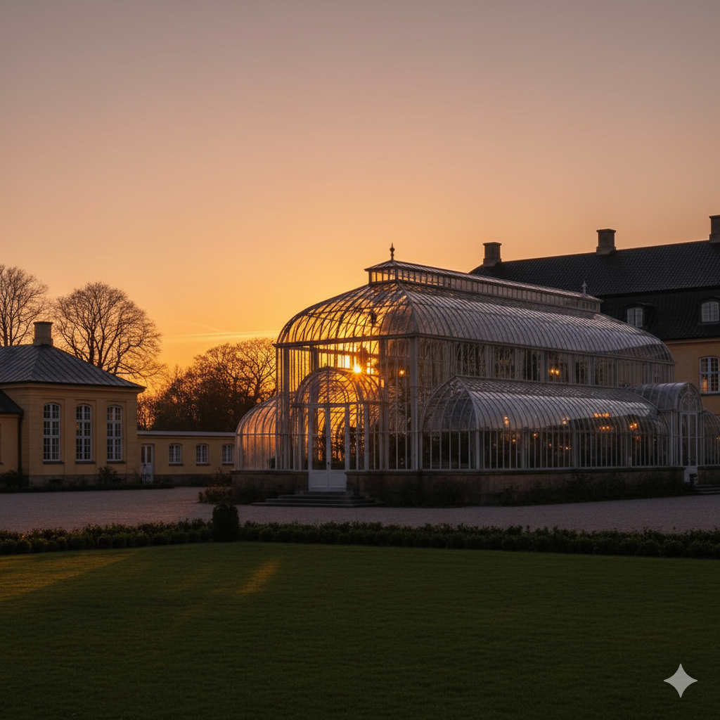 ภาพมุมสูงปานกลาง (Medium High Angle) ที่แสดงให้เห็นทางเดินหลักใน Fredensborg Slot Park ซึ่งเป็นสวนสไตล์บารอกที่สมมาตรที่สุดในเดนมาร์ก เน้นทางเดินกว้างที่ปูด้วยกรวดหรือหินอ่อน ตัดกับแนวต้นไม้ที่ถูกตัดแต่งอย่างเป็นระเบียบ (Hedges) มองเห็นผังสวนที่ถูกออกแบบอย่างแม่นยำ มีรูปปั้น (เช่น รูปปั้นฤดูกาลของ Wiedewelt) หรือน้ำพุในระยะไกล โทนสีเขียวเข้มของต้นไม้ตัดกับสีฟ้าอ่อนของท้องฟ้าและสีเทาของทางเดิน ให้ความรู้สึกของการ 'นำทาง' ไปสู่ความสำเร็จและความงดงาม (A Path to Victory & Guidance)