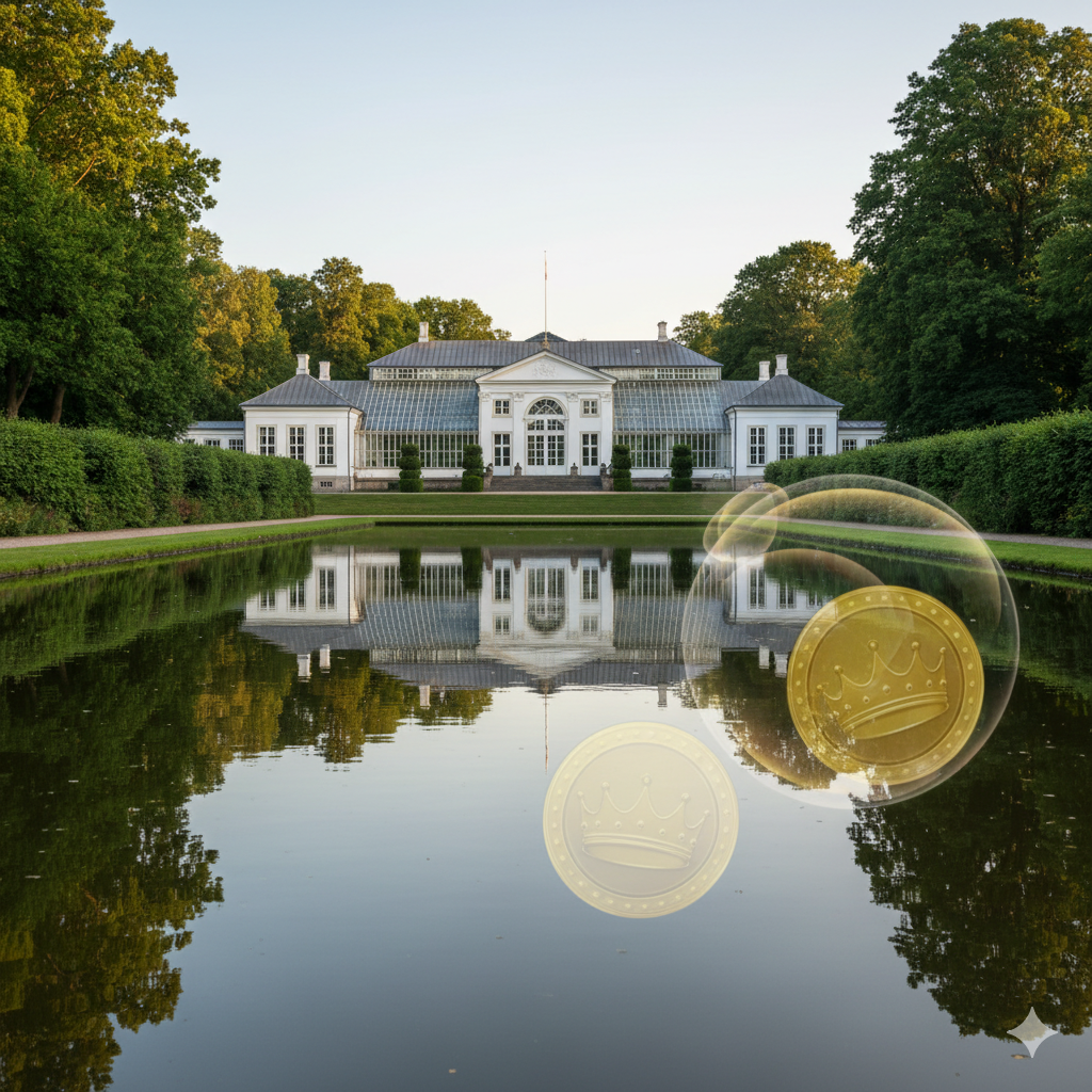 ภาพที่เน้นความเชื่อมโยงระหว่าง Orangeriet กับ Fredensborg Slot Park และ 'ชีวิตที่มีระดับ' โดยการแสดงภาพ Orangeriet ที่มีส่วนประกอบของ 'รางวัล' หรือ 'ความสำเร็จ' เพิ่มเติม อาจเป็นภาพภายในที่มองออกไปเห็นสวนที่เขียวชอุ่ม หรือภาพที่มีองค์ประกอบของเหรียญทอง/มงกุฎ (เบลอๆ) ซ้อนทับบนเงาสะท้อนในกระจกของเรือนส้ม โดยเน้นโทนสีทองและสีเขียว สร้างความรู้สึกเชื่อมโยงระหว่างความหรูหราของราชวงศ์กับ 'รางวัลใหญ่' (A Big Win/Royal Advantage Concept)