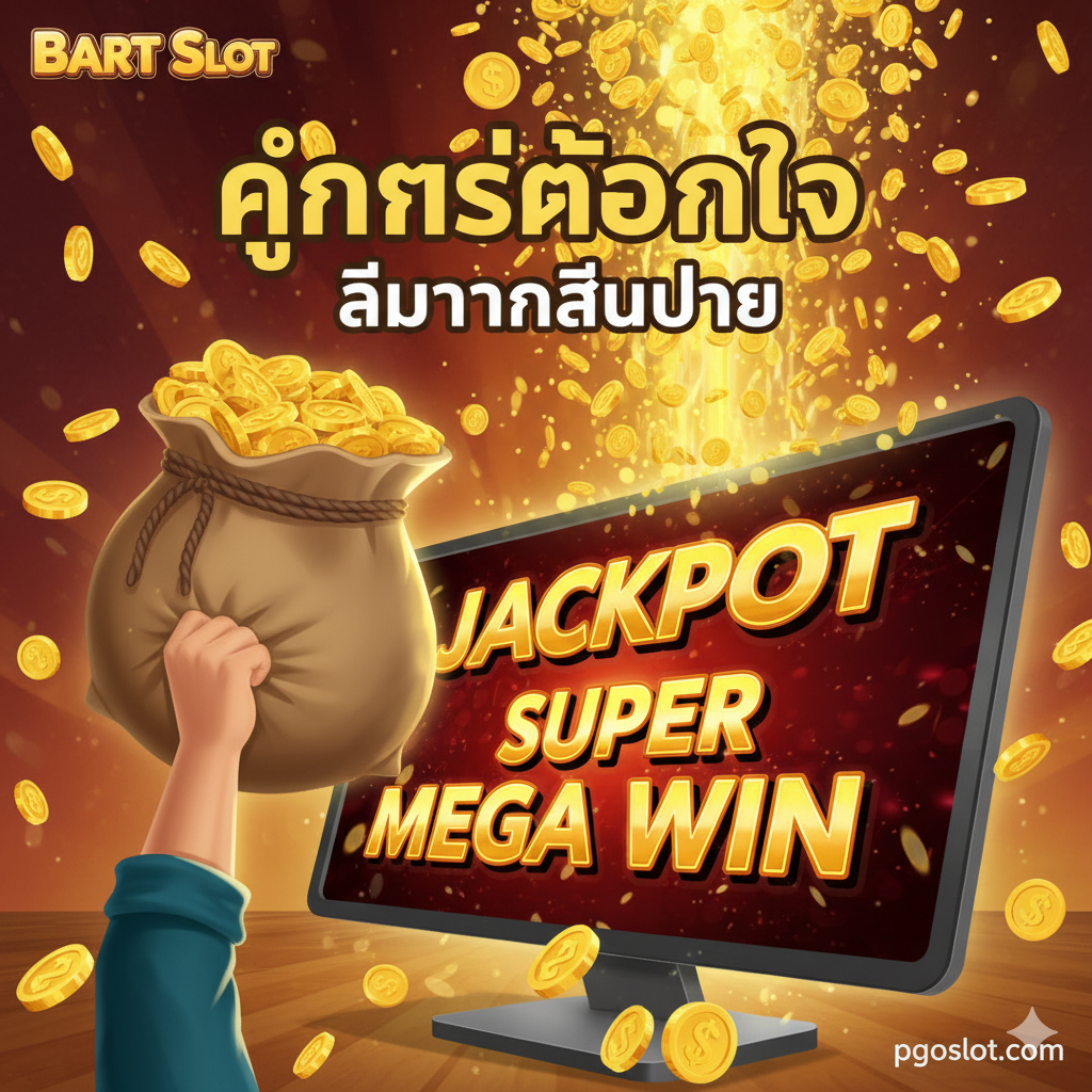 ภาพสรุป เน้นการได้รับ กำไรก้อนโต และความสำเร็จขั้นสุดท้าย ภาพหลักคือฉากฉลองที่ผู้เล่นได้รับรางวัลใหญ่ โดยมีตัวละคร (อาจเป็นแขนหรือตัวละครเสมือน) ชูกระเป๋าใส่เหรียญทองหรือถ้วยรางวัล พื้นหลังเป็นหน้าจอเกม Bart Slot ที่แสดง 'JACKPOT' หรือ 'SUPER MEGA WIN' เหรียญทองจำนวนมากตกลงมาจากด้านบน สีควรจะสดใส มีพลัง และเป็นบวก เช่น สีแดง สีทอง และสีเขียว เพื่อกระตุ้นให้ผู้ใช้ตัดสินใจไปลองเล่นที่ pgoslot.com ทันที