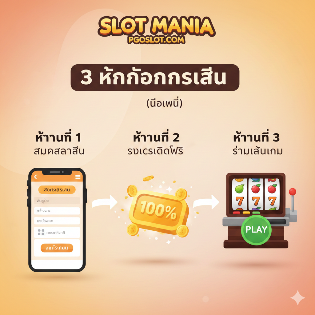 รูปภาพ tutorial ที่เป็นมิตร แสดงขั้นตอนการเล่น 3 ขั้นตอน: สมัครสมาชิก, รับเครดิตฟรี, และเริ่มเล่น โดยใช้ไอคอนที่เข้าใจง่าย