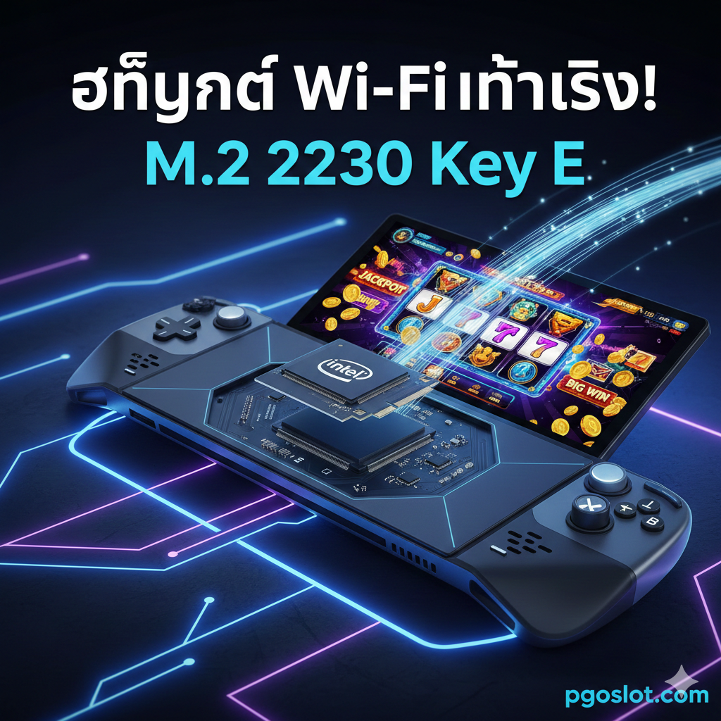 ภาพหน้าปกสไตล์เทคโนโลยีเกมมิ่งและสล็อตออนไลน์: แสดงโมดูล M.2 2230 Key E Wi-Fi Card (เช่น Intel AX210) แบบมีมิติ (3D) วางอยู่ด้านบนของช่องเสียบ M.2 Key E Slot บนเมนบอร์ดของอุปกรณ์เกมมิ่งพกพา (คล้าย Steam Deck หรือ ROG Ally) พื้นหลังเป็นแสงสีฟ้า-ม่วงนีออนแบบไฮเทค มีสายสัญญาณ Wi-Fi เป็นเส้นใยแสง (Fiber Optic) พุ่งเชื่อมโยงจาก Key E Card ไปยังหน้าจอที่กำลังแสดงภาพเกม 'สล็อต PG' ที่มีสัญลักษณ์ 'Jackpot' หรือ 'Big Win' เพื่อสื่อถึงความเร็วและการเชื่อมต่อที่ไร้รอยต่อ ตัวอักษรเด่นชัด: 'อัปเกรด Wi-Fi ให้แรง! M.2 2230 Key E'