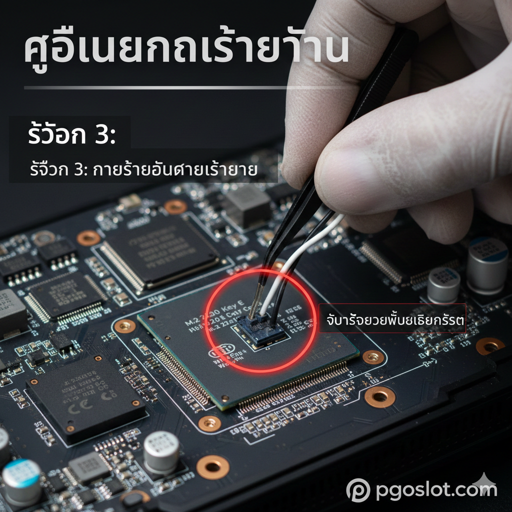 ภาพแสดงขั้นตอนการติดตั้งอย่างง่ายสำหรับส่วนที่ 3: ภาพถ่ายระยะใกล้แบบมาโครที่เน้นไปที่มือที่สวมถุงมือป้องกัน ESD กำลังใช้แหนบเล็กๆ ค่อยๆ เชื่อมต่อสายเสาอากาศ Wi-Fi ขนาดเล็ก 2 เส้น (สีดำและสีขาว) เข้ากับโมดูล M.2 2230 Key E Wi-Fi Card ที่เสียบอยู่ในช่องบนเมนบอร์ดของอุปกรณ์เกมมิ่งพกพา มีการเน้นวงกลมสีแดงหรือลูกศรชี้ไปยังจุดเชื่อมต่อสายเสาอากาศ เพื่อเน้นย้ำถึง 'ส่วนที่ละเอียดอ่อนที่สุด' ของขั้นตอนการติดตั้ง ภาพควรดูสะอาดและให้ความรู้สึกเหมือนคู่มือแนะนำอย่างละเอียด (Step-by-Step Guide)