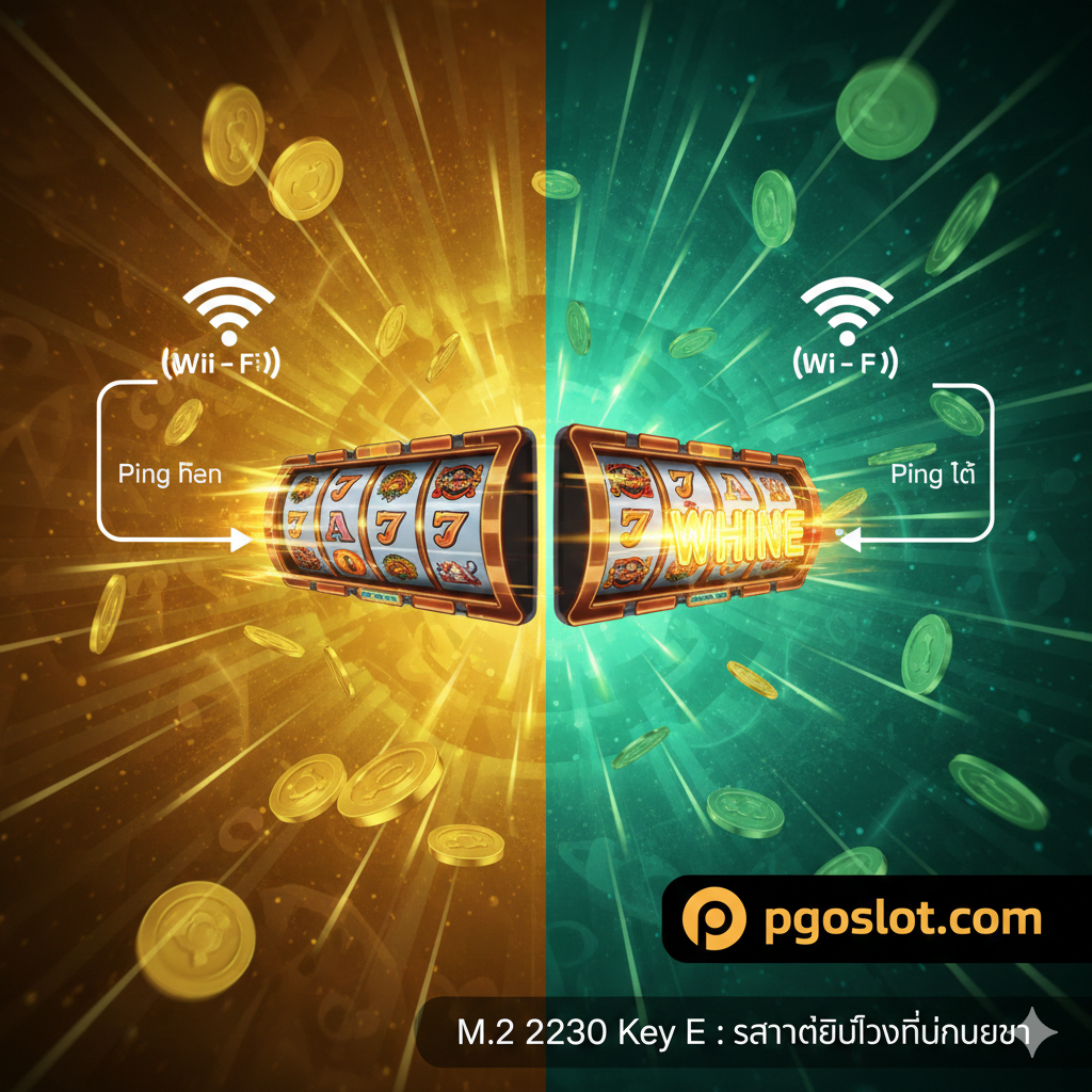 ภาพแสดงความได้เปรียบด้านความเร็วและความเสถียรสำหรับส่วนที่ 4: ภาพแนวคิดเชิงนามธรรมที่เปรียบเทียบ 'Ping' หรือ 'Latency' ก่อนและหลังการอัปเกรด ด้านซ้าย (ก่อนอัปเกรด) แสดงภาพเส้นทางสัญญาณ Wi-Fi ที่คดเคี้ยว ขาดๆ หายๆ พร้อมตัวเลข 'Ping High' และสัญลักษณ์เกมสล็อตที่กำลัง 'กระตุก' หรือ 'หลุด' ด้านขวา (หลังอัปเกรดด้วย Key E) แสดงภาพเส้นทางสัญญาณ Wi-Fi เป็นเส้นตรงและรวดเร็ว พร้อมตัวเลข 'Ping Low' และภาพสล็อต PG ที่กำลังหมุนอย่างลื่นไหลและมีแสงสว่างของชัยชนะ (Win) พื้นหลังสีสดใสแบบไดนามิก เน้นสีทองและเขียวมรกตเพื่อสื่อถึงความสำเร็จในการทำเงิน