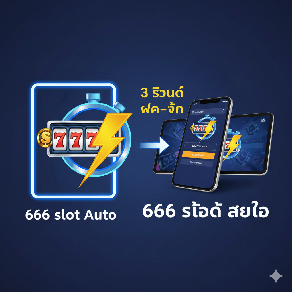 ภาพแสดง คุณสมบัติเด่นของระบบ 'ออโต้' (Auto System) ของ pgoslot.com ธีม: ความรวดเร็วและเทคโนโลยี องค์ประกอบหลัก: นาฬิกาดิจิทัลหรือมาตรวัดความเร็ว (Speedometer) ที่แสดงตัวเลข '10 วินาที' หรือ 'Instant' ตรงกลาง คือสัญลักษณ์ของการฝาก-ถอนเงิน (ลูกศรเข้า-ออกของเงิน) ที่เชื่อมต่อระหว่างไอคอนธนาคาร (Bank) และไอคอนมือถือ (Mobile Phone/True Wallet) ข้อความ: 'ฝาก-ถอน ออโต้ 100%' และ 'รวดเร็ว 10 วินาที' สไตล์: เทคโนโลยี, มินิมอล, มีเส้นแสงสีน้ำเงิน/เขียวแสดงการไหลของข้อมูลที่รวดเร็ว.