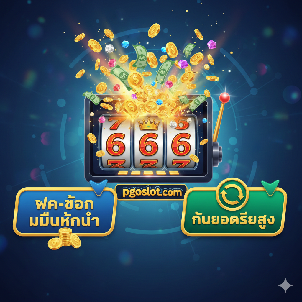 ภาพแสดงจุดเด่นและข้อได้เปรียบ โดยเฉพาะการเชื่อมโยงกับ PG Slot และ เครดิตฟรี องค์ประกอบหลัก: เกม PG Slot ยอดนิยม 3-4 เกมในรูปแบบภาพหน้าจอเล็กๆ ล้อมรอบ เหรียญทองขนาดใหญ่ หรือ หีบสมบัติ ที่กำลังเปิดออกและมีแสงสีทองพุ่งออกมา ด้านข้าง เน้นไอคอนที่สื่อถึง 'เว็บตรง', 'RTP สูง', และ 'โบนัสแตกง่าย' ข้อความ (เน้นภาษาไทย): 'PG Slot 666 แตกง่าย!' และ 'รับ 666 เครดิตฟรี' สไตล์: โดดเด่น, สว่าง, มีมิติ, ใช้แสงสะท้อนของสมบัติเพื่อดึงดูดสายตา.