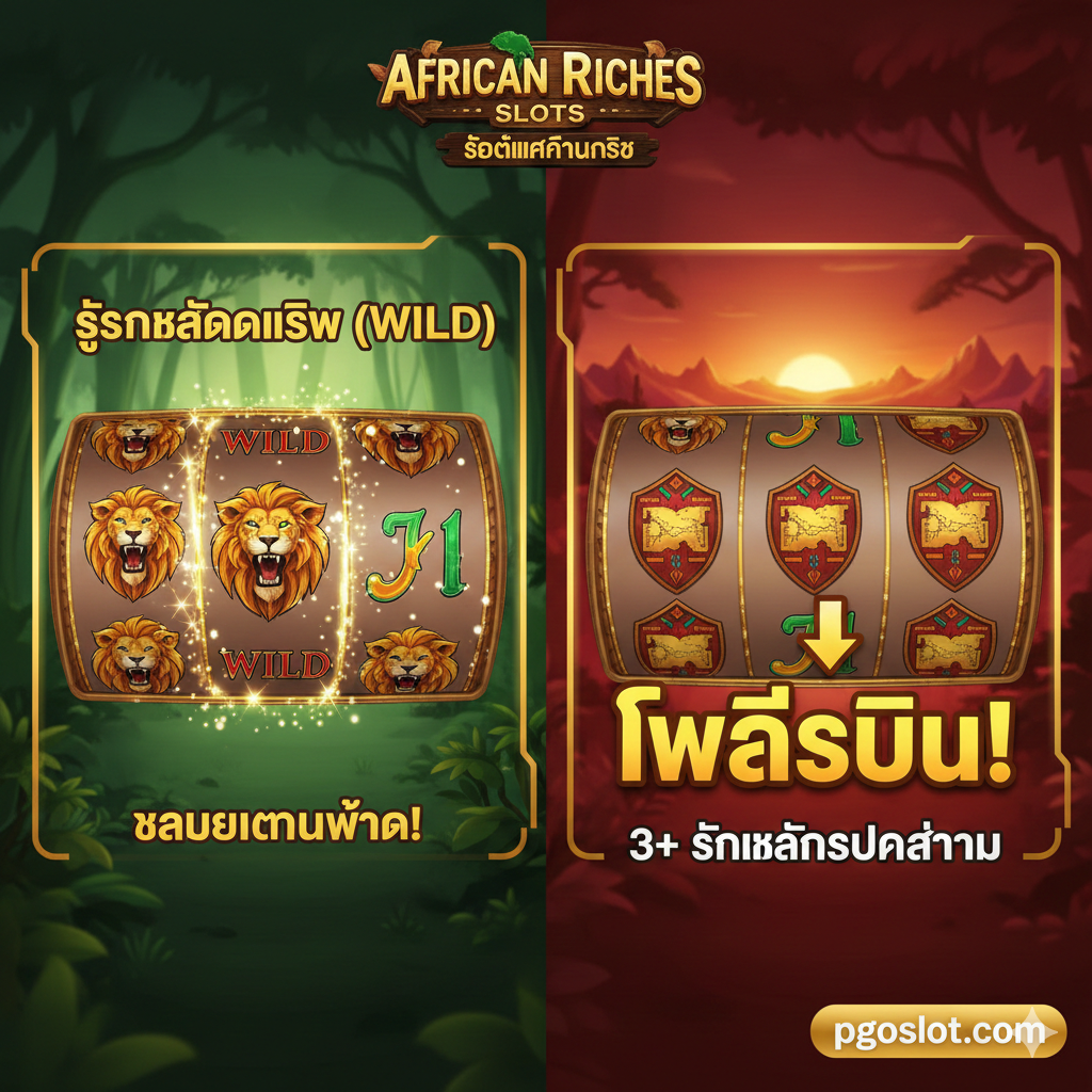 ภาพฟีเจอร์ African Riches Slot, แสดงหน้าจอเกมเข้าสู่รอบ FREE SPINS โดยมีตัวคูณโบนัสและสัญลักษณ์ Wild รูปสิงโตขนาดใหญ่ปรากฏขึ้นเพื่อสร้างชุดค่าผสมที่ชนะ