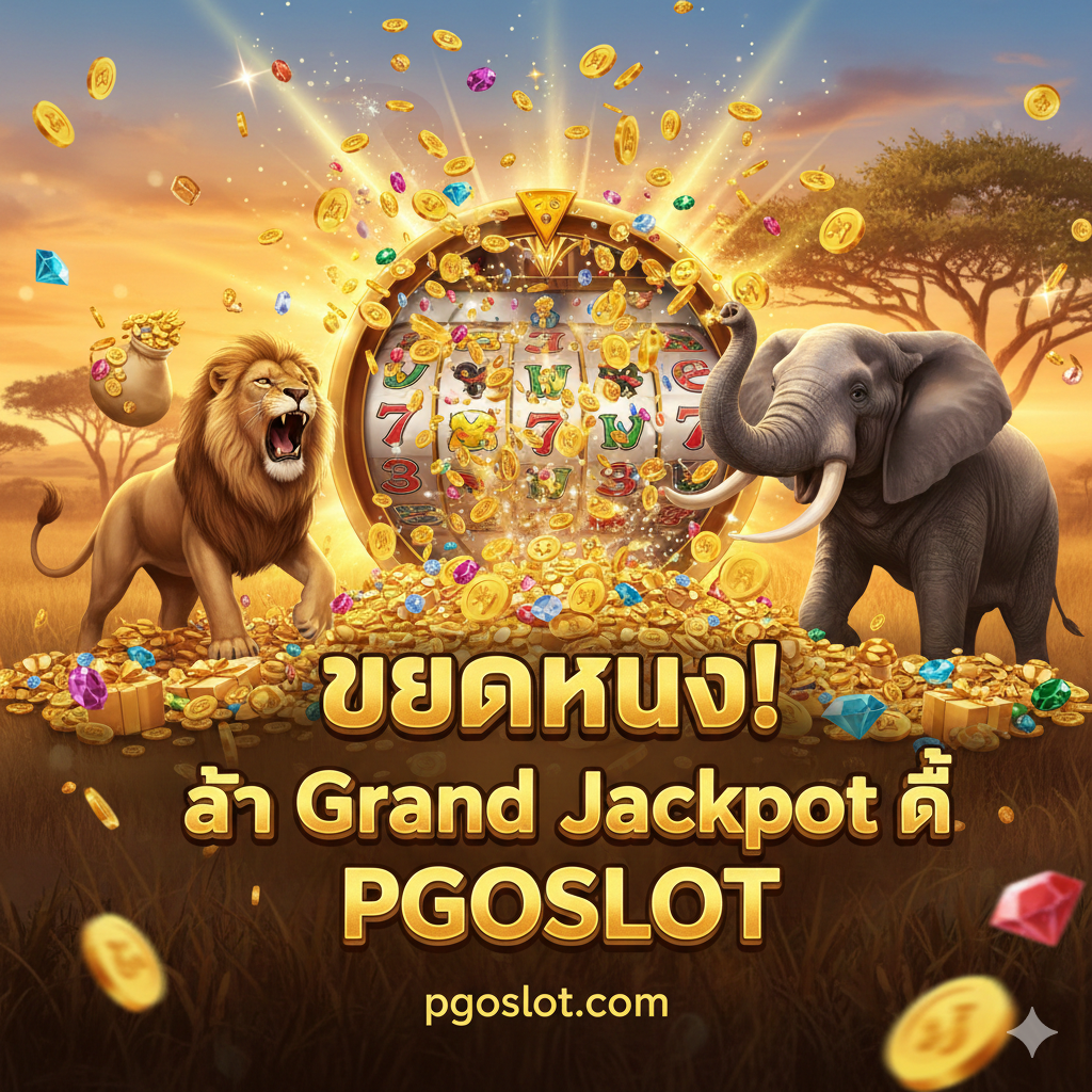 ภาพสรุปที่กระตุ้นให้ลงทะเบียน, มีปุ่มขนาดใหญ่ 'สมัครสมาชิก' และข้อความ 'คว้าโบนัสก้อนโตที่ PGOSLOT!' พร้อมภาพพื้นหลังของสัตว์แอฟริกาและพระอาทิตย์ตกดิน