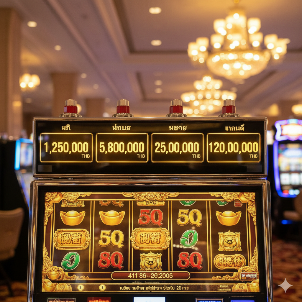 突出Shuffle Master(Light & Wonder)最受欢迎的功能:累积奖金 (Progressive Jackpot)。图片应展示《88 Fortunes》或《Jin Ji Bao Xi》老虎机屏幕的特写,重点突出屏幕上方或侧面的四个等级的累积奖金数值(Mini, Minor, Major, Grand),数字应显示为泰铢(THB)并且金额巨大。背景可以模糊处理的赌场环境。画面色彩应是金光闪耀,强调财富和高额奖励,体现核心游戏的特色和巨额潜在回报。