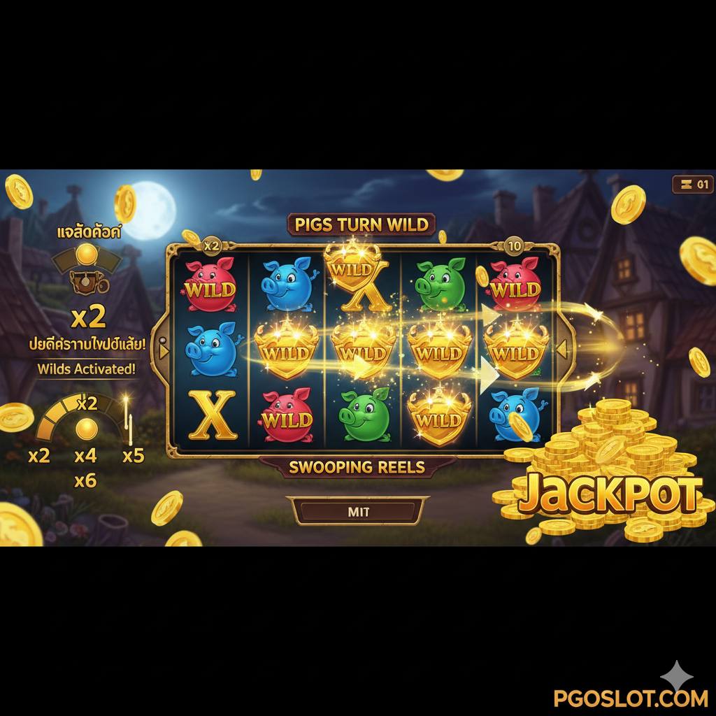 ภาพเน้นฟีเจอร์เด่น 'Pigs Turn Wild' และ 'Swooping Reels' แสดงหน้าจอเกมสล็อตขณะที่สัญลักษณ์ลูกหมู (Pigs) กำลังเปลี่ยนเป็นสัญลักษณ์ Wild สีทองหรือสีสดใส มีลูกศรหรือเอฟเฟกต์แสงที่บ่งบอกถึงการชนะแบบต่อเนื่อง (Cascading Win) โดยมีตัวเลข 'x2, x4, x6' หรือ 'Wilds Activated' อยู่ข้างๆ เพื่อสื่อถึงกลไกการเปลี่ยนสัญลักษณ์ ภาพควรมีพื้นหลังเป็นฉากในเกมสล็อตที่ดูตื่นเต้นและมีรางวัลเงินกองใหญ่ (Jackpot) หรือเหรียญทองโปรยปรายอยู่รอบๆ