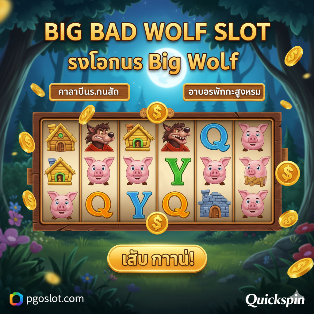ภาพสรุปและปิดท้ายที่กระตุ้นการตัดสินใจ (CTA) แสดงภาพ Big Bad Wolf Slot ที่สวยงามพร้อมปุ่มใหญ่ที่มีข้อความ 'เล่นทันที!' หรือ 'รับโบนัส Big Bad Wolf' มีข้อความกำกับ 'High Volatility' และ 'Max Win Potential' เป็นภาษาไทยเพื่อให้ข้อมูลครบถ้วน และเน้นย้ำถึงโอกาสในการชนะรางวัลใหญ่ ควรมีโลโก้ pgoslot.com และ Quickspin อยู่ร่วมกันเพื่อแสดงความร่วมมือ ให้ความรู้สึกที่เร้าใจและเชื้อเชิญให้คลิกเพื่อเริ่มเล่นเกม