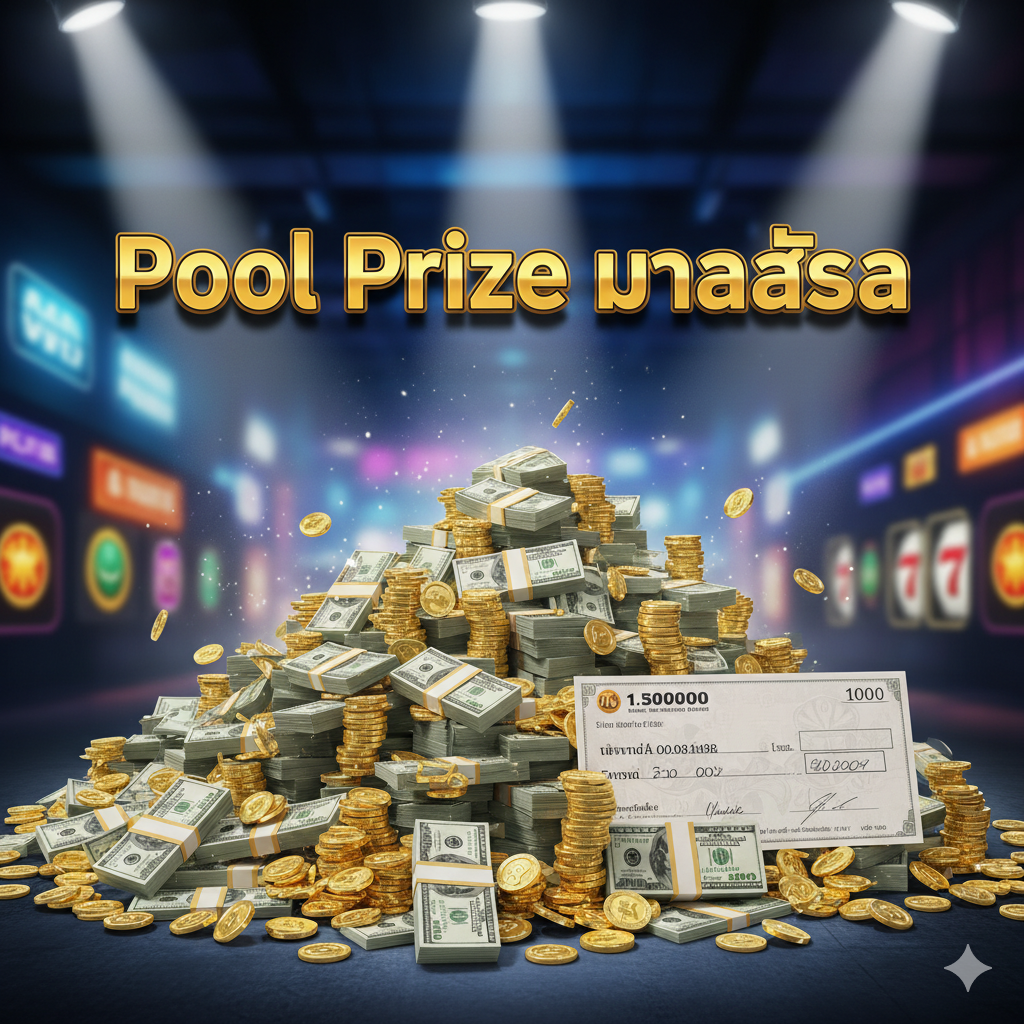 ภาพสำหรับส่วน 'ทำไมคุณต้องเข้าร่วม' เน้นย้ำเรื่อง 'เงินรางวัลรวม (Pool Prize) ที่มหาศาล' จัดวางรูปภาพให้เป็นกองเงินสด เหรียญทอง และเช็ครางวัลขนาดใหญ่ที่ท่วมท้นอยู่ด้านล่างของหน้าจอ มีสปอตไลท์ส่องไปที่กองรางวัลเหล่านั้นเพื่อเพิ่มความน่าตื่นตาตื่นใจ ด้านบนมีข้อความกระตุ้น 'Pool Prize มหาศาล' เป็นภาษาไทย สไตล์ภาพเป็นแบบ 3D หรือภาพวาดดิจิทัลที่ดูมีพลังและดึงดูดความสนใจ