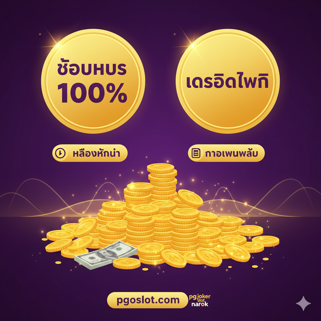 ภาพแสดงความได้เปรียบด้านโปรโมชั่นและโบนัส. เน้นโปรโมชั่น 'โบนัสต้อนรับ 100%' และ 'เครดิตฟรี' ด้วยกราฟิกที่ดึงดูดสายตา. องค์ประกอบหลักคือการกองของเหรียญทองและธนบัตรจำนวนมาก พร้อมป้ายวงกลมใหญ่ระบุ 'โบนัส 100%' และ 'เครดิตฟรี' อย่างชัดเจน. โทนสีม่วงเข้มตัดกับสีเหลืองทองเพื่อสร้างความรู้สึกของความมั่งคั่งและความคุ้มค่า มีรูปไอคอน 'No Minimum' (ไม่มีขั้นต่ำ) และ 'Low Turnover' (ทำเทิร์นน้อย) เพื่อเน้นเงื่อนไขที่เป็นธรรม.