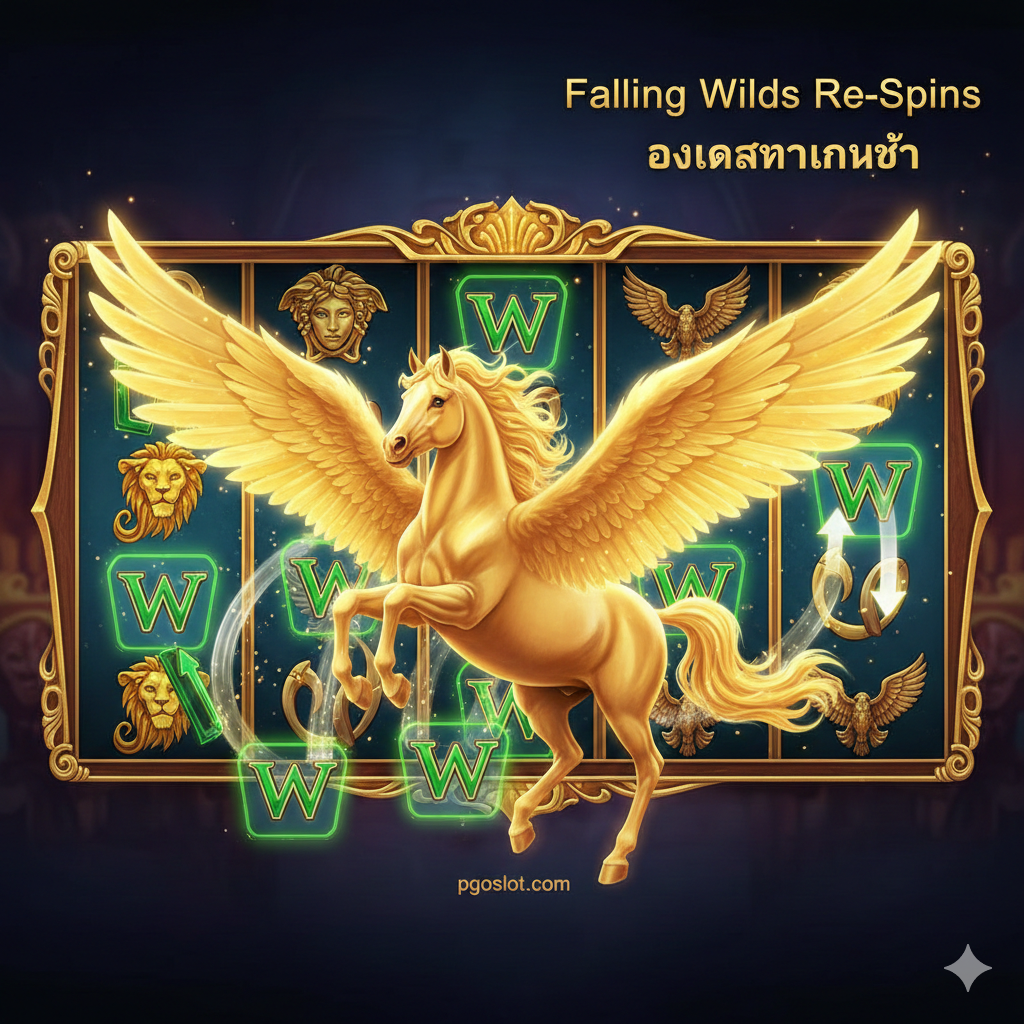 聚焦于 Divine Fortune 游戏的核心功能——Falling Wilds Re-Spins 和 Pegasus Wild。图片主体是一个 金色的飞马 Pegasus，翅膀散发光芒，占据游戏屏幕一部分。背景是游戏内 5x3 卷轴布局，重点是 Wild 符号向下移动 的动态效果，旁边配有 “Falling Wilds Re-Spins” และ “โอกาสทำเงินซ้ำ” 的泰语文字。