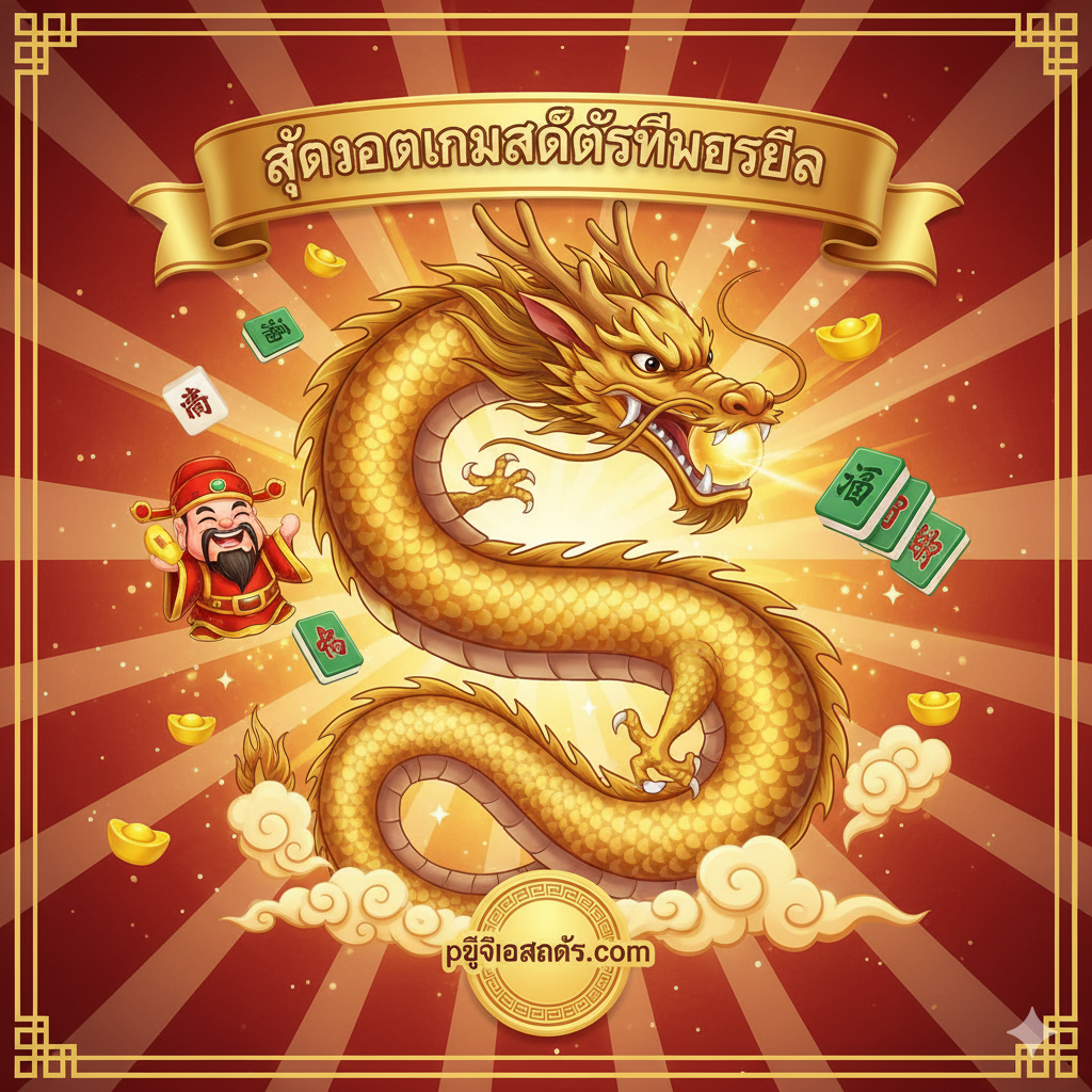 一张汇总性质的插画，总结“Dragon Best Slot”的成功并暗示其他亚洲主题的替代游戏。主体应是一个巨大的、胜利的金色龙形符号，周围环绕着小一些的、代表其他亚洲主题的图标，如中国神像 (God of Wealth)、麻将牌或金元宝。构图应充满活力和丰收感，并使用金红色调，传达“大获S”和“多种选择”的信息。中央可有泰语“สุดยอดเกมสล็อตธีมเอเชีย” (Best Asia Theme Slots) 的标题，用于 V. สรุป章节。