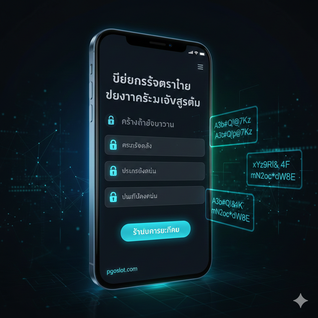 ภาพแสดงฟังก์ชันสำคัญในการจัดการบัญชี เน้นที่การ 'เปลี่ยนรหัสผ่านเพื่อความปลอดภัยสูงสุด' (3.1) ภาพควรมีองค์ประกอบหลักเป็นหน้าจอสมาร์ทโฟนหรือคอมพิวเตอร์ที่แสดงช่องกรอกรหัสผ่านเก่าและใหม่ พร้อมไอคอนรหัสผ่าน (รูปกุญแจ) ที่มีแสงสว่างและดูแข็งแรง ใช้พื้นหลังสีเข้มและมีเอฟเฟกต์แสงนีออนเล็กน้อยเพื่อสื่อถึงเทคโนโลยีและความปลอดภัยทางไซเบอร์ มีภาพกราฟิกของรหัสผ่านที่ซับซ้อน (ตัวอักษรใหญ่-เล็ก, ตัวเลข) ลอยอยู่ด้านข้าง