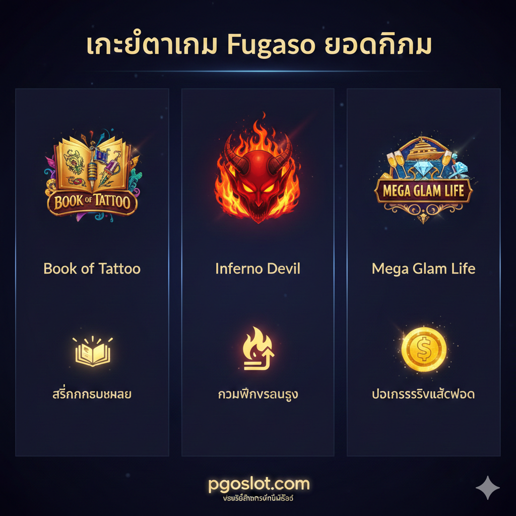 An image illustrating the key game features and high RTP slots from Fugaso, focusing on the section 'แนะนำเกม Fugaso ยอดนิยม'. Create a clean, grid-like composition showcasing 3 iconic Fugaso game logos or main screens: 'Book of Tattoo', 'Inferno Devil', and 'Mega Glam Life' (or similar recognizable titles). Next to each game, use a small, clear graphic icon representing its key feature (e.g., a 'Book' for Expanding Symbols, a 'Flame' for High Volatility, a 'Jackpot' sign for Progressive). The overall design should be informative with a dark, gaming-centric color palette, highlighting the game titles and their benefits to the player.