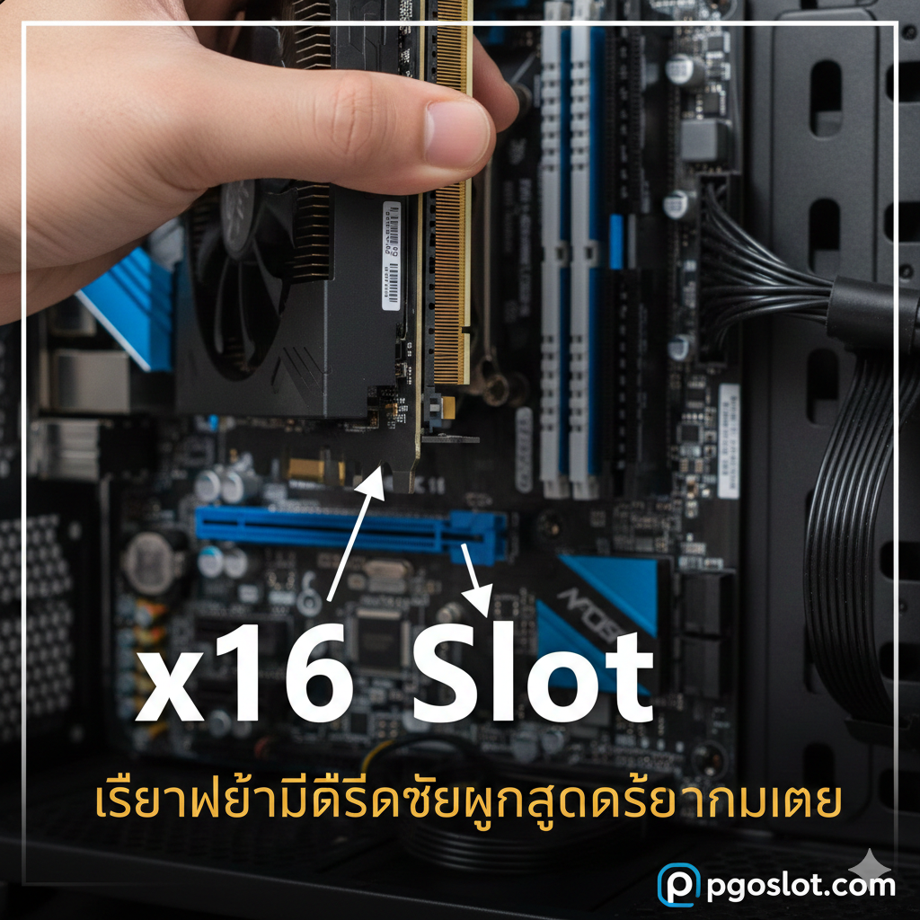 ภาพประกอบสไตล์การสอน (Tutorial) ที่แสดงขั้นตอนการเสียบ การ์ดจอ (Graphics Card) เข้าไปใน Primary PCIe x16 Slot (สล็อตหลัก มักเป็นสล็อตบนสุดที่มีสีต่างกัน เช่น สีน้ำเงิน) ภาพเน้นไปที่มือที่กำลังถือการ์ดจอและชี้ให้เห็นว่าปลายขั้วต่อของการ์ดจอ (ทองเหลือง) นั้นจะต้องเสียบเข้ากับสล็อต x16 ที่ถูกต้องอย่างสมบูรณ์ ควรมีลูกศรชี้ไปยัง 'สลักล็อค' (Locking mechanism) ของสล็อต และเน้นให้เห็นคำว่า 'x16 Slot' อย่างชัดเจน เพื่อเป็นคำแนะนำว่าเกมเมอร์ควรเลือกใช้สล็อตไหนเพื่อประสิทธิภาพสูงสุด