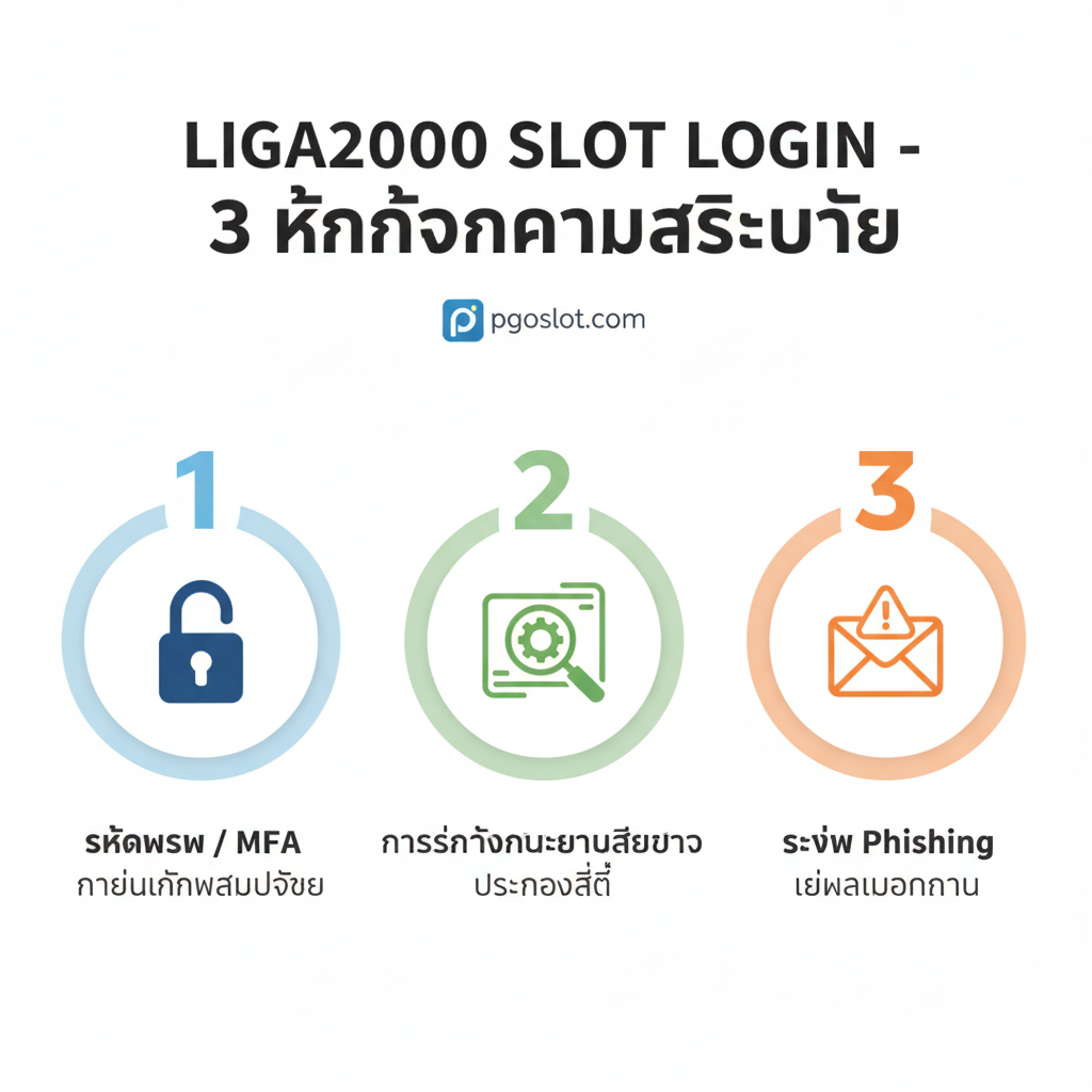 ภาพอินโฟกราฟิกแบบขั้นตอน (Tutorial) ที่แสดง 3 ขั้นตอนสำคัญในการเริ่มต้นใช้งานระบบความปลอดภัยข้อมูล: 1. รหัสผ่าน/MFA 2. การตั้งค่าความเป็นส่วนตัว 3. การระวัง Phishing จัดเรียงเป็นสามคอลัมน์หรือสามวงกลมตามลำดับ มีตัวเลข '1', '2', '3' กำกับอย่างชัดเจน แต่ละส่วนมีไอคอนที่สื่อความหมาย: กุญแจล็อค (สำหรับรหัสผ่าน), แว่นขยายตรวจสอบการตั้งค่า (สำหรับความเป็นส่วนตัว), และอีเมลที่มีเครื่องหมายเตือน (สำหรับ Phishing) ใช้พื้นหลังสีขาวหรือสีอ่อน และใช้สีเน้นที่แตกต่างกันสำหรับแต่ละขั้นตอนเพื่อเพิ่มความโดดเด่น