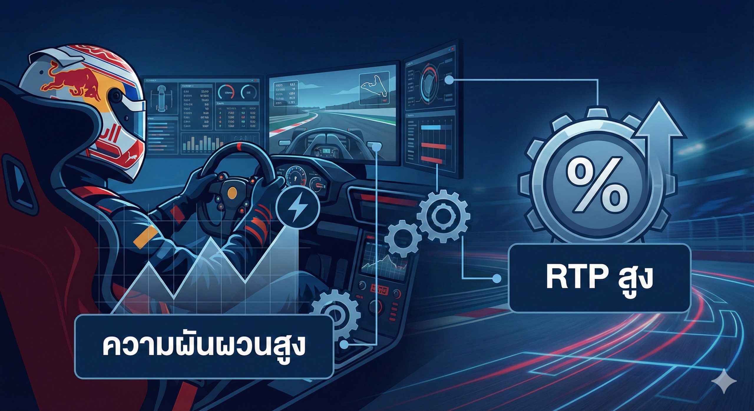 ภาพสำหรับส่วน 'สูตรลับระดับแชมป์' ซึ่งเป็นกลยุทธ์การเล่น ควรมีภาพกราฟฟิกที่แสดงถึงการวิเคราะห์และกลยุทธ์การเดิมพัน โดยมีสัญลักษณ์ของ 'ความผันผวนสูง (High Volatility)' และ 'RTP สูง' ถูกจัดวางเป็นองค์ประกอบหลัก อาจใช้รูปหมวกกันน็อกนักแข่ง F1 หรือนักแข่งที่กำลังใช้คอมพิวเตอร์ Sim Racing เพื่อสื่อถึง 'การเล่นอย่างแม่นยำและมีสติ' (Sim Racing Slot) สีหลักเป็นสีน้ำเงินและแดงเข้ม เน้นความรู้สึกของการตัดสินใจที่ชาญฉลาดและมีกลยุทธ์