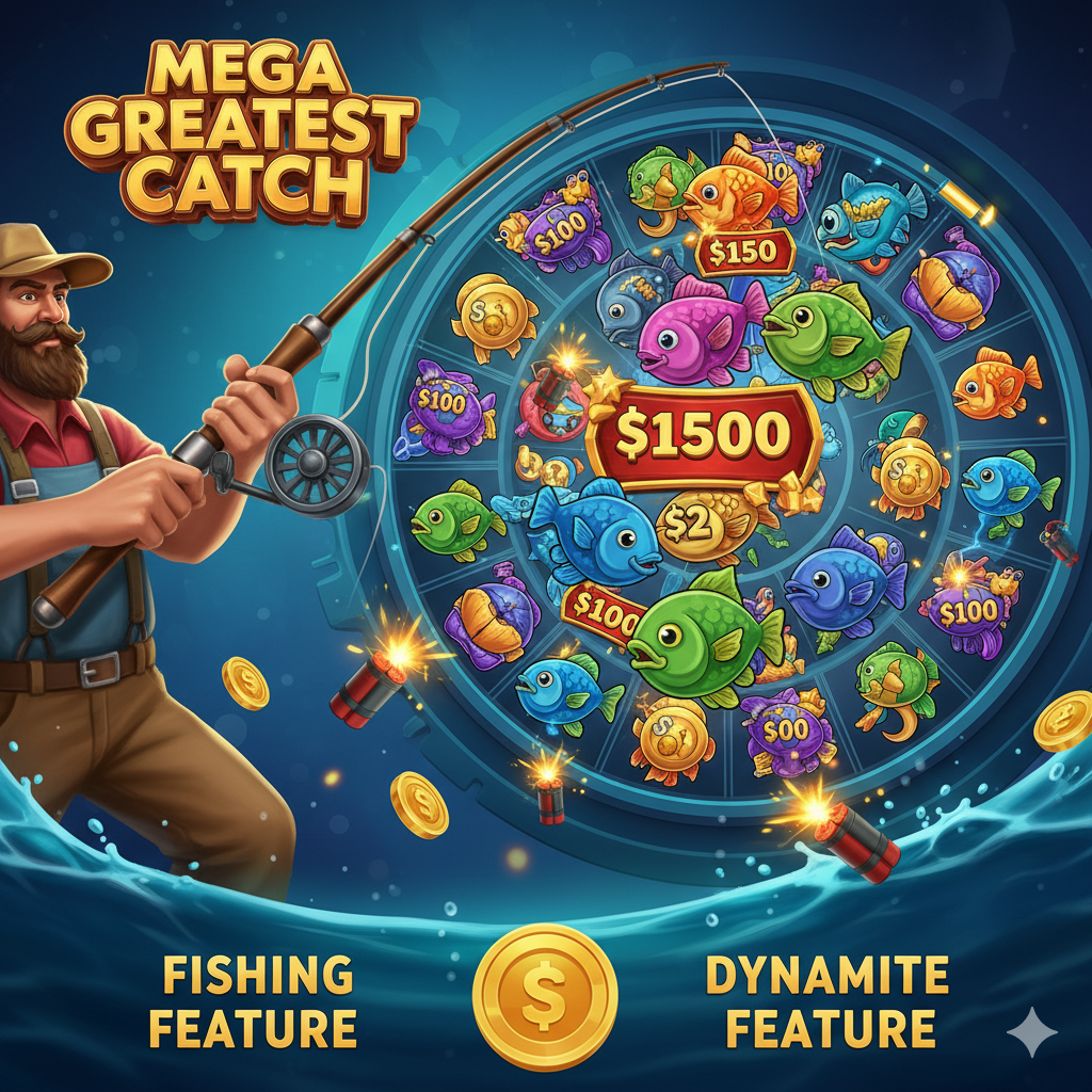 ภาพเน้นฟีเจอร์ 'Fishing Feature' และ 'Dynamite Feature' แสดงให้เห็นมือของชาวประมง (Wild) กำลังถือเบ็ดตกปลาขนาดใหญ่และเกี่ยวสัญลักษณ์ปลาหลายตัวที่มีมูลค่าเงินรางวัล (เช่น $100, $50) อยู่ ภาพควรเน้นถึงความตื่นเต้นของการได้รับรางวัล ฉากหลังเป็นวงล้อสล็อตที่เต็มไปด้วยสัญลักษณ์ปลา และมีระเบิดไดนาไมต์ขนาดเล็กกำลังจะระเบิดแปลงสัญลักษณ์บางส่วนให้เป็นสัญลักษณ์ปลา สีสันควรเน้นสีน้ำเงินและเขียวของทะเลตัดกับสีทองของเหรียญรางวัล