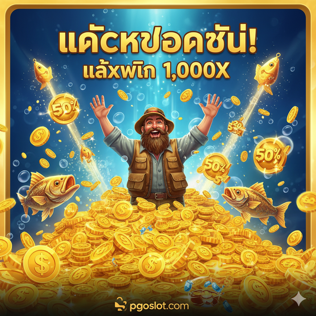 ภาพสรุปที่สื่อถึงโอกาสในการชนะรางวัลแจ็คพอตขนาดใหญ่ (Max Win 10,000x) แสดงสัญลักษณ์ชาวประมงที่กำลังฉลองด้วยความยินดี พร้อมกองเหรียญทองขนาดมหึมาที่อยู่รอบตัว และมีข้อความ 'Max Win 10,000X' หรือ 'แจ็คพอตใหญ่!' เป็นภาษาไทยอย่างโดดเด่น พื้นหลังควรเป็นฉากฟรีสปินที่มีตัวคูณเพิ่มขึ้น สื่อถึงจุดสุดยอดของการเล่นเกม ภาพรวมควรให้ความรู้สึกตื่นเต้นและประสบความสำเร็จอย่างยิ่งใหญ่