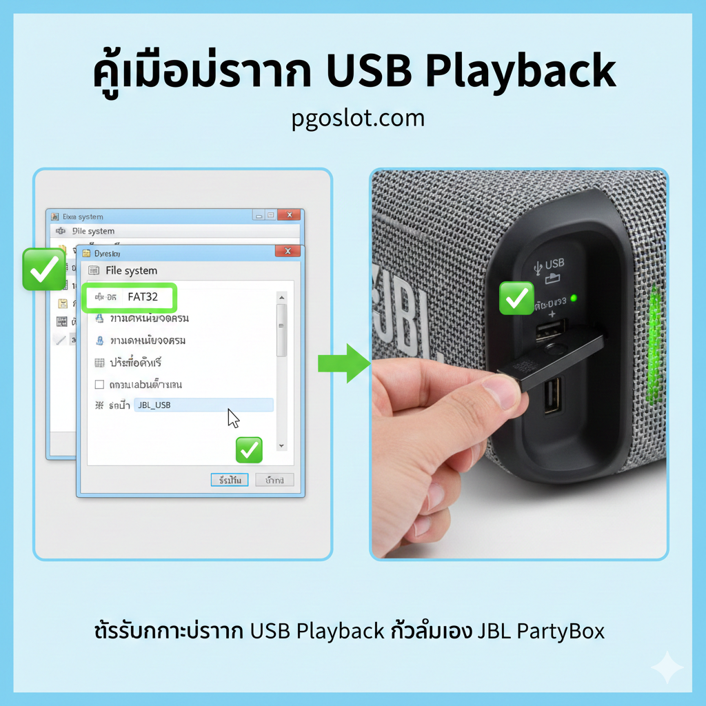 ภาพแสดงขั้นตอนการใช้งาน 'ทางเลือกที่ 2' (External Solution) ที่ใช้การเชื่อมต่อภายนอก เป็นภาพมือที่กำลังเชื่อมต่อ เครื่องเล่น MP3 ขนาดเล็ก (ที่มีช่อง SD Card) เข้ากับลำโพง JBL รุ่นใหม่ (เช่น Flip 6 หรือ Charge 5 ที่ไม่มีช่อง SD Card) โดยใช้ สาย AUX 3.5 มม. เป็นหลักในการเชื่อมต่อ ภาพเน้นไปที่สาย AUX ที่เสียบเข้าทั้งสองอุปกรณ์ มีไอคอนแสดงคลื่นเสียงเดินทางจากเครื่องเล่น MP3 ไปยังลำโพง ใช้มุมมองแบบ Bird's-eye view บนพื้นผิวไม้หรือพื้นผิวเรียบเพื่อความชัดเจน สไตล์ภาพเป็นแบบ Infographic ที่ดูสะอาดตาและเข้าใจง่าย