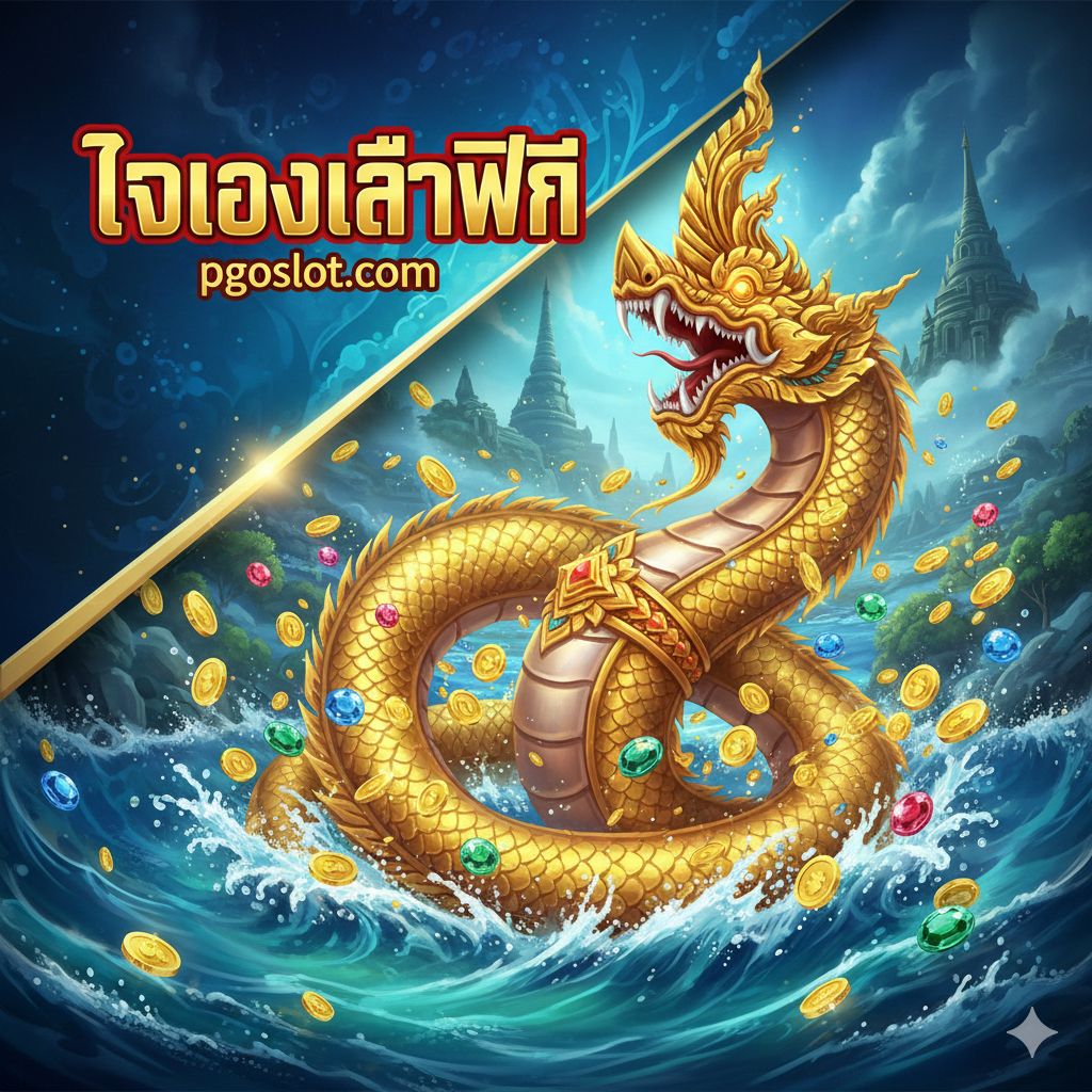 功能特性图，突出“ศูนย์รวมสล็อต Naga (พญานาค) เกมเด่นที่ห้ามพลาด”。图片中央是一组并排排列的手机或平板电脑屏幕截图（模拟），展示了来自不同供应商（如PG, Joker, JILI）的Naga主题老虎机游戏图标或加载画面，每个图标下方มี“Demo”หรือ“ทดลอง”的小标签。背景应是抽象的光速或数据流，象征pgoslot.com收录的全面性，强调“全方위覆盖”和“一站式服务”的便利性，用明亮的、吸引人的游戏界面和清晰的文字展示游戏的丰富选择。