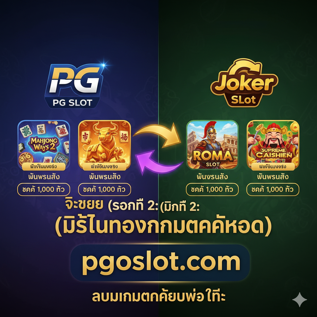 ภาพแสดง 'The Narok List' ของเกมสล็อตที่จ่ายโหด. ภาพแบ่งเป็นสองฝั่งอย่างชัดเจน: ฝั่งซ้ายแทน PG Slot (เน้น Mahjong Ways 2, Fortune Ox) และฝั่งขวาแทน Joker Slot (เน้น Roma Slot, Supreme Caishen). แต่ละเกมควรแสดงภาพไอคอนเกมขนาดเล็ก พร้อมระบุคำว่า 'High Volatility' หรือ 'แตก 1,000 เท่า' เน้นโทนสีน้ำเงินม่วงและสีเขียวทองที่ดูหรูหราแต่แฝงความดุดันของเกมสล็อตที่ 'แตกยับ'. มีลูกศรชี้ไปที่โลโก้ pgoslot.com ตรงกลาง เพื่อสื่อว่าเว็บนี้รวบรวมไว้ทั้งหมด.