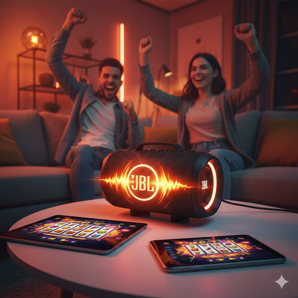 ภาพเปรียบเทียบข้อดีของการฟังเพลงแบบออฟไลน์ด้วย SD Card กับการฟังเพลงผ่าน Bluetooth/Streaming ภาพแบ่งออกเป็นสองส่วน: ซ้าย แสดงลำโพง JBL ที่กำลังเล่นเพลงในสถานที่ที่ ไม่มีสัญญาณ (เช่น บนภูเขาหรือในป่า) โดยมีไอคอน 'MicroSD Card' ลอยอยู่เหนือลำโพง ขวา แสดงลำโพงเดียวกันในพื้นที่ที่ มีสัญญาณ โดยมีไอคอน 'Bluetooth' หรือ 'Wi-Fi' ลอยอยู่เหนือลำโพง ภาพเน้นข้อดีของ SD Card ในแง่ของ 'Freedom' และ 'No Signal Required' ใช้โทนสีเข้ม-น้ำตาลสำหรับส่วนออฟไลน์ (ป่า) และโทนสีสว่าง-ฟ้าสำหรับส่วนออนไลน์ (เมือง) เพื่อสร้างความแตกต่าง