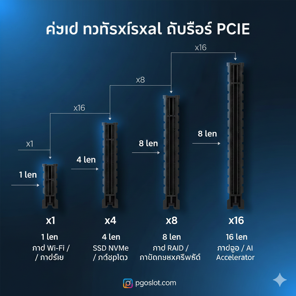 อินโฟกราฟิกแบบแผนผัง (Diagram Infographic) แสดงภาพเปรียบเทียบ ขนาดทางกายภาพ ของสล็อต PCIe ต่างๆ บนมาเธอร์บอร์ดในมุมมองด้านบน โดยมีสล็อต 4 ขนาดเรียงกัน: x1 (สั้นที่สุด), x4, x8, และ x16 (ยาวที่สุด) แต่ละสล็อตมีการติดป้ายกำกับที่ชัดเจนด้วยตัวอักษรสีขาวตัดกับพื้นหลังสีเข้ม มีการระบุจำนวนเลน (1 Lane, 4 Lanes, 16 Lanes) และการใช้งานหลักกำกับไว้ด้านข้าง (เช่น x1: Wi-Fi Card, x16: Graphics Card) เพื่อให้ผู้อ่านเข้าใจความแตกต่างของ 'pci slot sizes' ได้อย่างรวดเร็วและชัดเจน