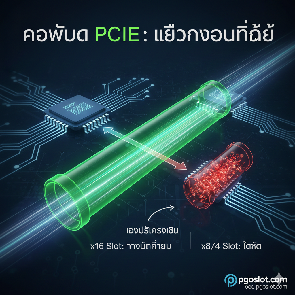ภาพสรุปแนวคิดเรื่อง 'คอขวด' (Bottleneck) ในระบบ PCIe โดยแสดงภาพ CPU และ GPU ที่เชื่อมต่อกันด้วยท่อส่งข้อมูล 2 ขนาด: ท่อแรก (แทน x16 Slot) มีขนาดใหญ่และข้อมูลไหลผ่านได้สะดวก (เป็นสีเขียว/ไหลลื่น) ส่วนท่อที่สอง (แทน x8 หรือ x4 Slot ที่ใช้กับ GPU) มีขนาดเล็กกว่าและมีข้อมูลอัดแน่นอยู่จนเกิด 'คอขวด' (เป็นสีแดง/ติดขัด) มีข้อความภาษาไทยสั้นๆ กำกับว่า 'เลือก x16 Slot คือทางด่วน ลดปัญหาคอขวด' เพื่อตอกย้ำความสำคัญของสล็อต x16 ในการเล่นเกม
