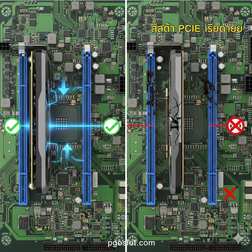 一张概念图，清晰地展示PCIe插槽的功能和损坏的对比。左侧展示一个完好无损的PCIe x16插槽，插着一块高性能显卡（Graphic Card），有数据流动的蓝色光效箭头指向CPU。右侧展示一个带有明显物理裂痕或烧焦痕迹的PCIe插槽，显卡连接图标显示红色“X”或断开状态，突出“pcie slot เสีย”的症状。背景是主板的绿色或黑色电路板，强调技术和电路，用于配合文章中“PCIe Slot คืออะไร”和“สัญญาณเตือน”的部分。
