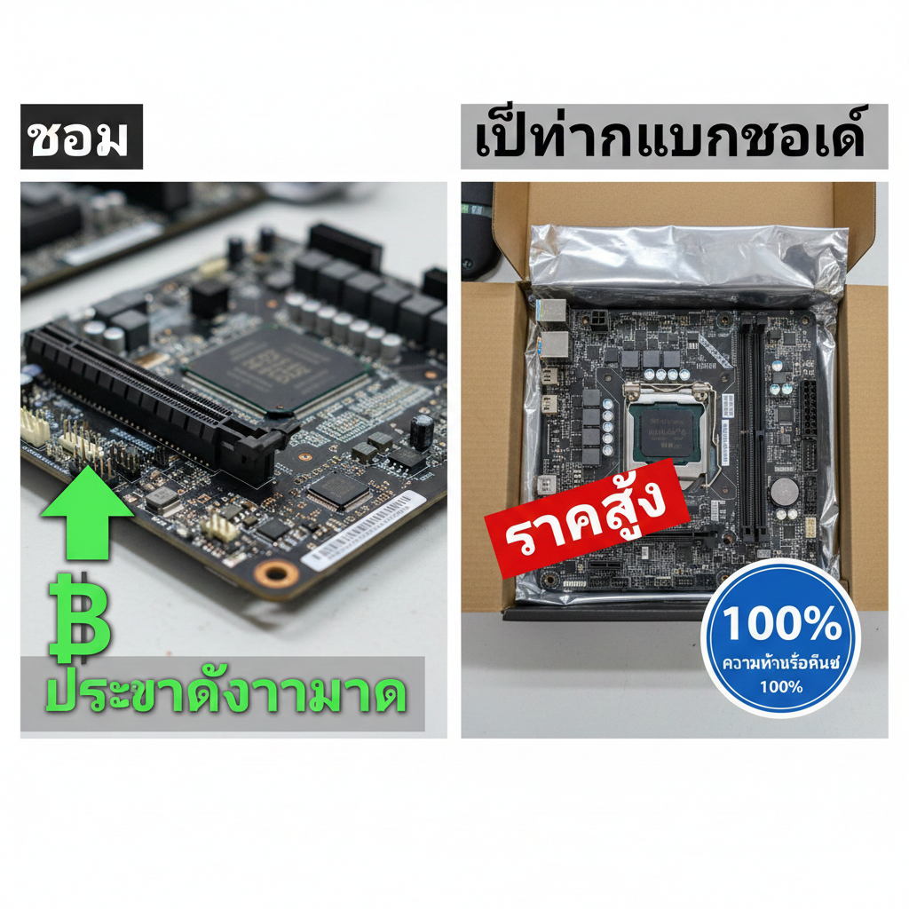 一张对比图，采用并排（Split Screen）构图来视觉化“ซ่อม”和“เปลี่ยนเมนบอร์ด”的优势。左侧是“Repair”区，显示一个放大的、修复好的PCIe插槽，伴随一个向上的绿色箭头和泰铢符号（฿）表示“ประหยัดกว่ามาก”。右侧是“Replacement”区，显示一个全新的主板，伴随一个红色的“高价”标签，但同时有一个“100%”的标签表示“ความน่าเชื่อถือ 100%”。整体风格简洁专业，用于配合文章中“ซ่อม PCIe Slot เทียบกับการเปลี่ยนเมนบอร์ด”的比较表格部分。