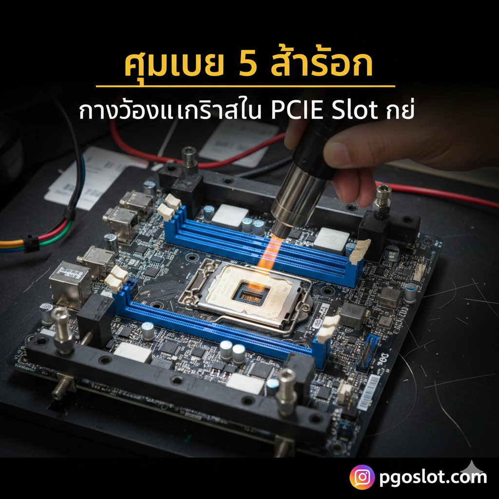 一张专业维修过程的俯视特写图片，展示技术人员正在使用热风枪（Hot Air Station）或专业的BGA返修台对主板上的PCIe插槽进行加热，准备拆卸。主板被固定在夹具上，周围散落着助焊剂（Flux）和焊锡丝。画面中心是热风枪头对着插槽，能清晰看到操作的精准性。光线明亮，突出操作的专业性和步骤的严谨性，旨在配合同文章中“คู่มือ 5 ขั้นตอน: การถอดและติดตั้ง PCIe Slot ใหม่”部分。