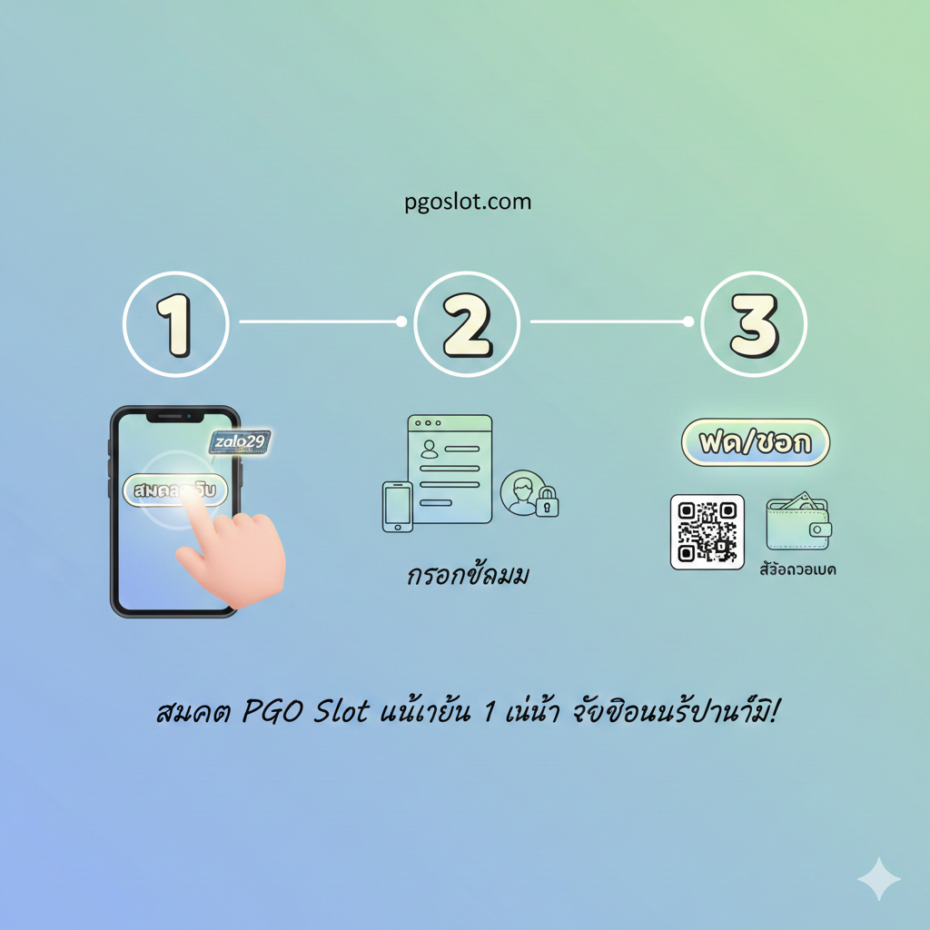 优势图片强调 PGO Slot 在游戏选择和奖金上的优越性。画面中心是一个巨大的 PG Slot 游戏图标（例如麻将之王或招财猫），周围环绕着其他知名老虎机提供商的Logo（如 SlotXO, Joker）。上方是一个醒目的“โบนัส 100%”徽章，下面是一叠高耸的金币。色彩鲜艳，充满游戏活力和财富感。构图采用爆发式布局，突出 PGO Slot 拥有更全、更新的 PG Slot 游戏和更慷慨的โบนัส (โบนัส)，与 Zalo29 进行对比。