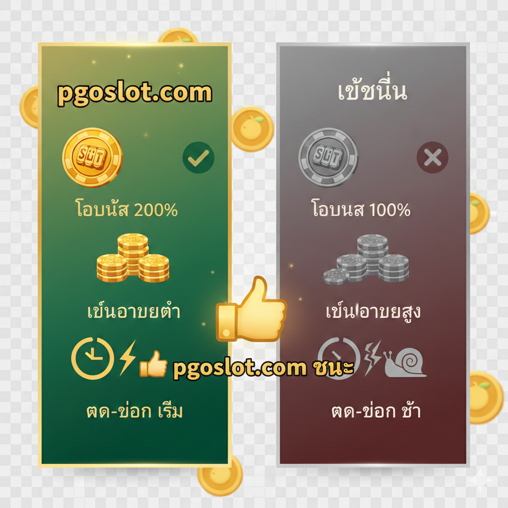 ภาพเปรียบเทียบที่เน้นข้อดีของ pgoslot.com ในการใช้รหัสโบนัส สร้างภาพแบบ 'VS' หรือ 'เทียบกับ' โดยใช้สองคอลัมน์: คอลัมน์ pgoslot.com (ใช้สีเขียวหรือทองคำ) แสดงไอคอน 'โบนัส 200%' และ 'เทิร์นโอเวอร์ต่ำ' คอลัมน์ 'เว็บอื่น' (ใช้สีเทาหรือแดงอ่อน) แสดง 'โบนัส 100%' และ 'เทิร์นโอเวอร์สูง' ตรงกลางมีเครื่องหมาย '👍 pgoslot.com ชนะ' เน้นความเร็วในการฝาก-ถอนด้วยไอคอนนาฬิกาหรือสายฟ้าผ่า ภาพรวมมีสไตล์ที่โปร่งใสและน่าเชื่อถือ