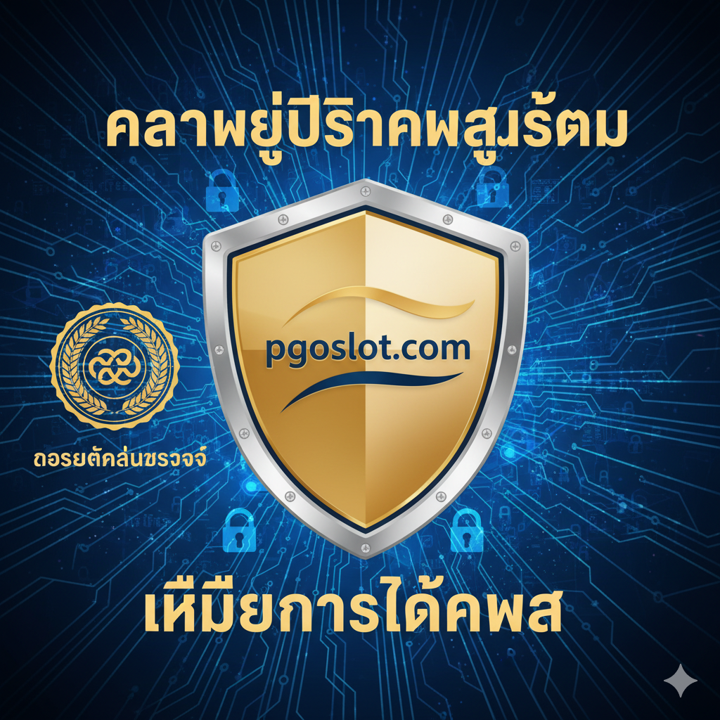 优势图旨在强调pgoslot.com的公平性和安全性。画面中央是一个巨大的，印有 pgoslot.com 品牌标志的盾牌，盾牌上或旁边有权威认证机构（如 eCOGRA 或 GLI）的印章或图标（抽象化处理）。背景是一个高度加密的安全网络或锁的符号，用泰语强调“ความยุติธรรมสูงสุด”（最高公平性）和“ไม่มีการล็อกผล”（没有锁定结果）。色彩应使用品牌色调和代表信任的金色、银色或深蓝，营造出安全、专业的视觉感受。