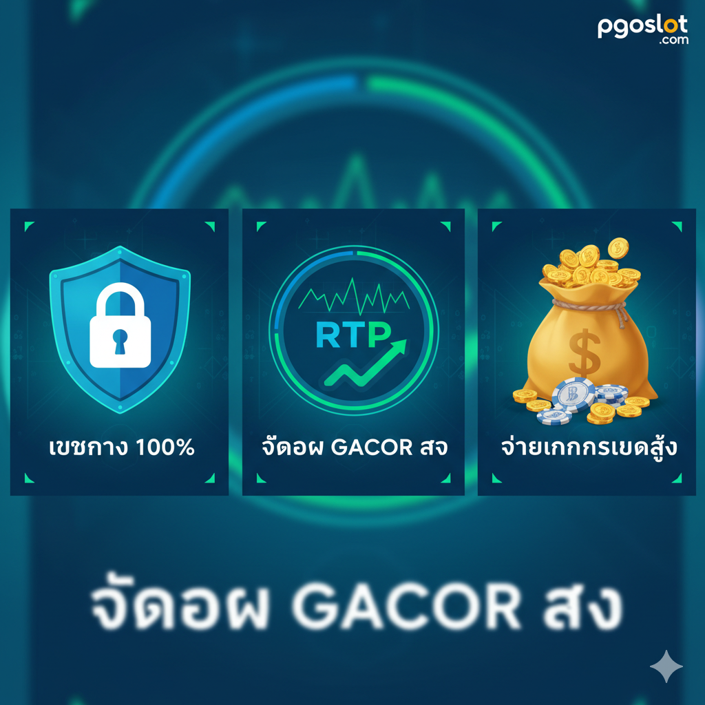 功能特性图，重点突出'เว็บตรง 100%'（100%直接网站）และ'RTP'。画面应包含三个并列的图标区域：左侧是盾牌或锁（代表安全/เว็บตรง），中间是快速闪烁的仪表盘或实时图表（代表透明的RTP/Gacor数据），右侧是一个堆满泰铢金币的钱袋或筹码（代表高额支付）。色彩使用冷色调の蓝色和绿色强调科技感และความ可信赖性。排版简洁有力，信息突出，旨在强调网站的核心优势และความ透明度。