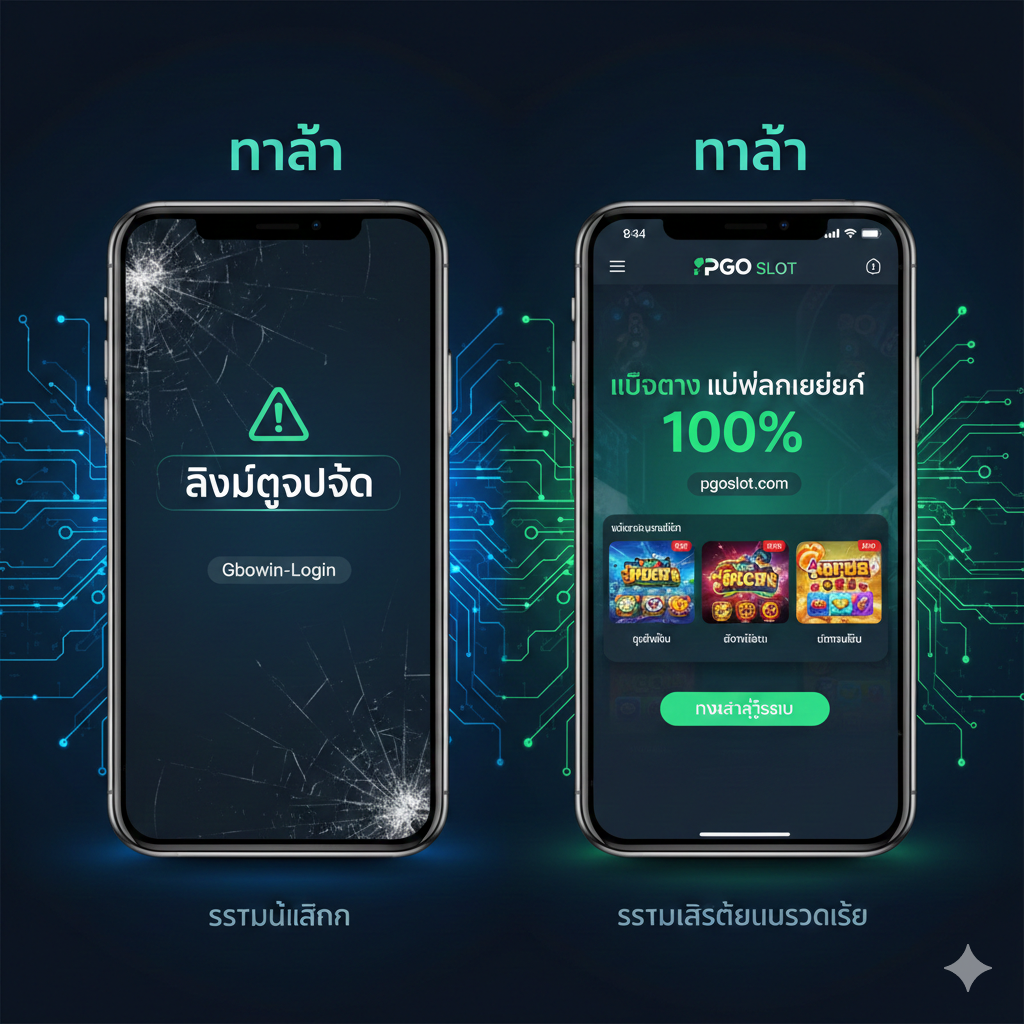 功能特性图，采用左右对比构图。左侧（代表 Gbowin）是一个灰暗、破碎的手机屏幕，上面显示“ลิงก์ถูกบล็อก” (链接被阻止) 的警告信息，暗示不稳定。右侧（代表 PGO Slot）是一个明亮、清晰的移动设备界面，界面上是 PGO Slot 简洁、现代的登录或游戏大厅界面，配有绿色的“เว็บตรง ไม่ผ่านเอเย่นต์ 100%” (100% 官方直营，无代理) 标签。整体风格现代、科技感强，以蓝色และ绿色为主色调，强调 PGO Slot 稳定、快捷、直营的“ทางเข้า” (入口) 功能。