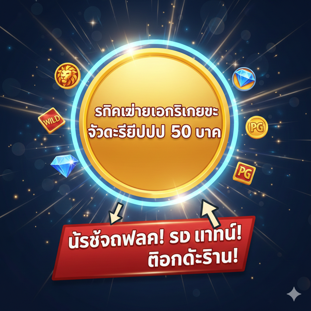 ภาพสรุปและกระตุ้นการตัดสินใจ (Call to Action). แสดงภาพปุ่มขนาดใหญ่ที่เขียนว่า 'คลิกเพื่อลงทะเบียนรับเครดิตฟรี 50 บาท' เป็นภาษาไทย พร้อมพื้นหลังที่มีแสงสว่างและดวงไฟวิบวับเพื่อสร้างความตื่นเต้น มีภาพองค์ประกอบของเกม PG Slot ยอดนิยม (เช่น สัญลักษณ์ Wild, Scatter) ล้อมรอบปุ่มนั้นเล็กน้อย ด้านล่างมีข้อความเน้นย้ำสั้นๆ เช่น 'ไม่ต้องฝาก! รับทันที! ถอนได้จริง!' เพื่อกระตุ้นให้ผู้ใช้งานลงทะเบียนในทันที ภาพรวมต้องดูน่าตื่นเต้นและสื่อถึงโอกาสที่กำลังจะหมดไป