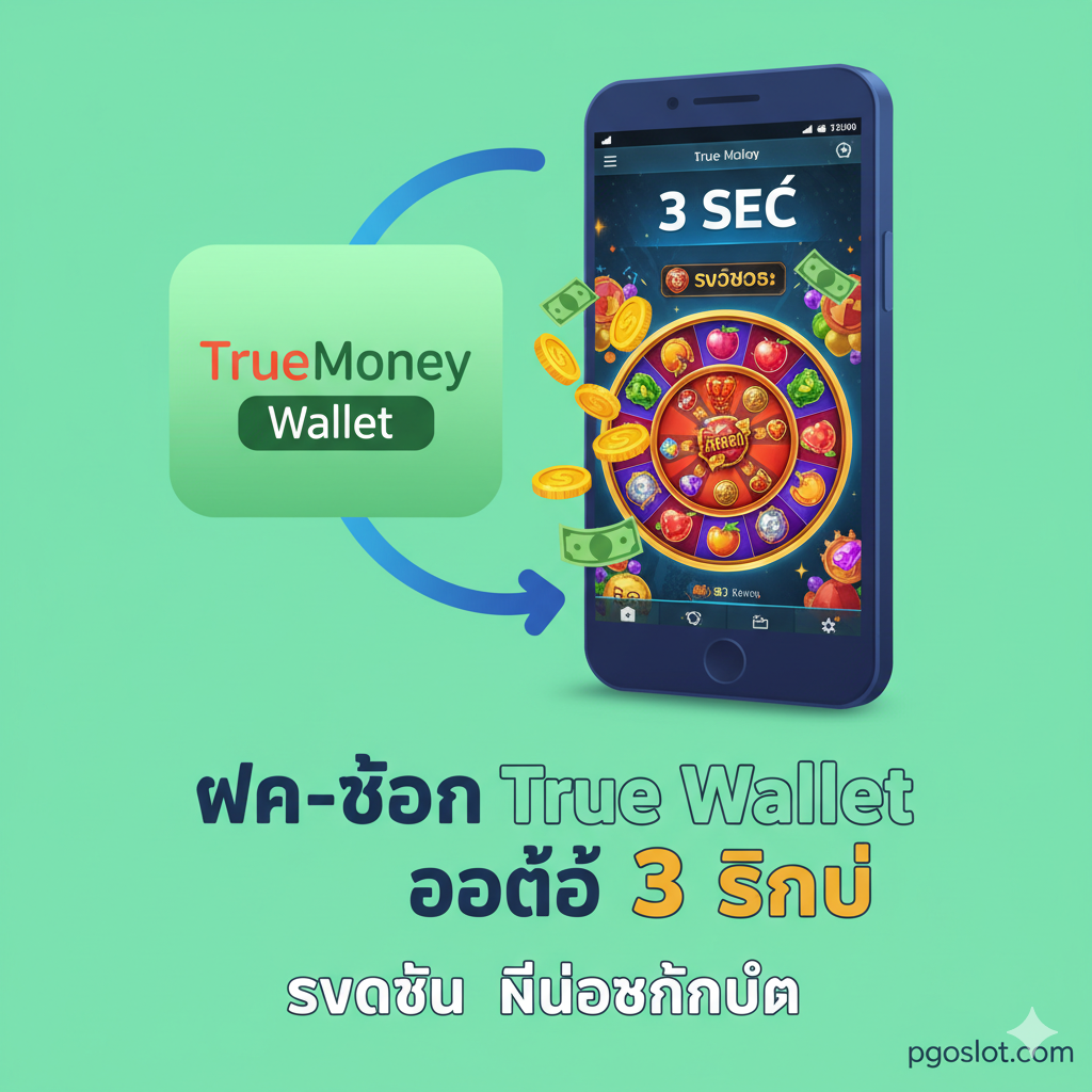 ภาพเน้นฟีเจอร์เด่นด้านการเงิน 'ฝาก-ถอน True Wallet ออโต้ 3 วินาที' โทนสีสดใส เน้นสีเขียวมิ้นท์และสีน้ำเงินเป็นหลัก องค์ประกอบหลักคือไอคอนโลโก้ TrueMoney Wallet ขนาดใหญ่ที่มีลูกศรวิ่งเข้าสู่ไอคอนโทรศัพท์มือถือที่กำลังแสดงหน้าจอเกมสล็อต PG ภาพควรมีนาฬิกาจับเวลาดิจิทัลแสดง '3 วินาที' หรือ '3 Sec' อย่างชัดเจน พร้อมเหรียญทองหรือธนบัตรกำลังหลั่งไหลออกจากมือถือ สื่อถึงความรวดเร็วและไม่มีขั้นต่ำในการทำธุรกรรม