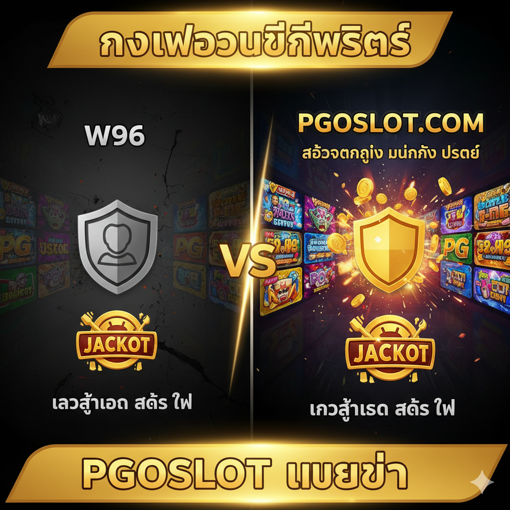 ภาพตารางเปรียบเทียบเชิงลึกระหว่าง W96 กับ PGOSLOT ที่เน้นข้อดีของ PGOSLOT อย่างชัดเจน ภาพควรแสดงไอคอนที่สื่อถึง 'ความมั่นคง' (เช่น โล่ป้องกัน) และ 'อัตราการแตกง่าย' (เช่น สัญลักษณ์แจ็คพอตที่กำลังระเบิด) ใช้การแบ่งครึ่งหน้าจอที่ชัดเจน โดยฝั่ง W96 ดูมืดมัวกว่า และฝั่ง PGOSLOT ดูสว่างและมีชีวิตชีวาด้วยสีสันของเกมสล็อต PG ที่สวยงาม มีเครื่องหมาย 'WINNER' หรือ 'BEST CHOICE' บนฝั่ง PGOSLOT เพื่อสรุปผลลัพธ์ของการเปรียบเทียบ