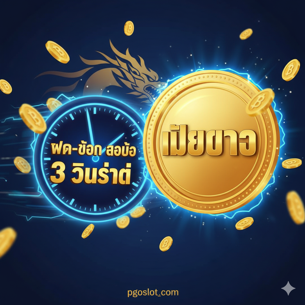 强调 pgoslot.com 平台优势的宣传图。图片元素应结合快速（Speed）和信任（Trust）。左侧是代表“快速”的计时器或一个快速运行的“ฝาก-ถอน ออโต้ 3 วินาที”界面，右侧是一个巨大的“เว็บตรง” (Web-Direct) 印章或盾牌标志，背景可以有象征金钱的飞散的金币和泰铢符号。主色调为专业的蓝色和金色的高光，强调其“เว็บตรง” (Web-Direct) 和 “ฝาก-ถอนออโต้” (Auto Deposit-Withdrawal) 的特点，用于支持 IV. 🎁 สิทธิพิเศษ章节。