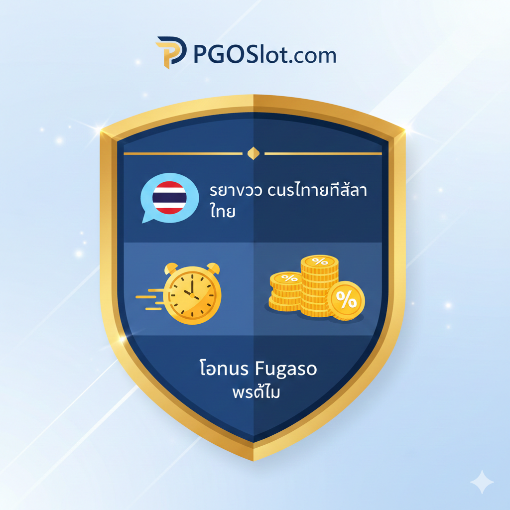 An image focusing on the competitive advantages and localization of PGOslot.com, corresponding to the 'เกณฑ์การคัดเลือก' and 'รีวิวเชิงลึก' sections. The image should be a diagram or a set of three distinct icons placed within a shield or badge. The three key advantage concepts represented should be: 1. A Thai flag icon or a Thai chat bubble for 'บริการลูกค้าภาษาไทย' (Thai Support). 2. A clock with a fast-moving hand or a speedometer for 'ความเร็วในการทำธุรกรรม' (Transaction Speed). 3. A gold coin stack with a percentage sign for 'Fugaso โบนัสสูงสุด' (Highest Fugaso Bonus). The style should be professional, trustworthy, and heavily feature the PGOslot brand color (if known, otherwise a dominant blue/gold/white combination).