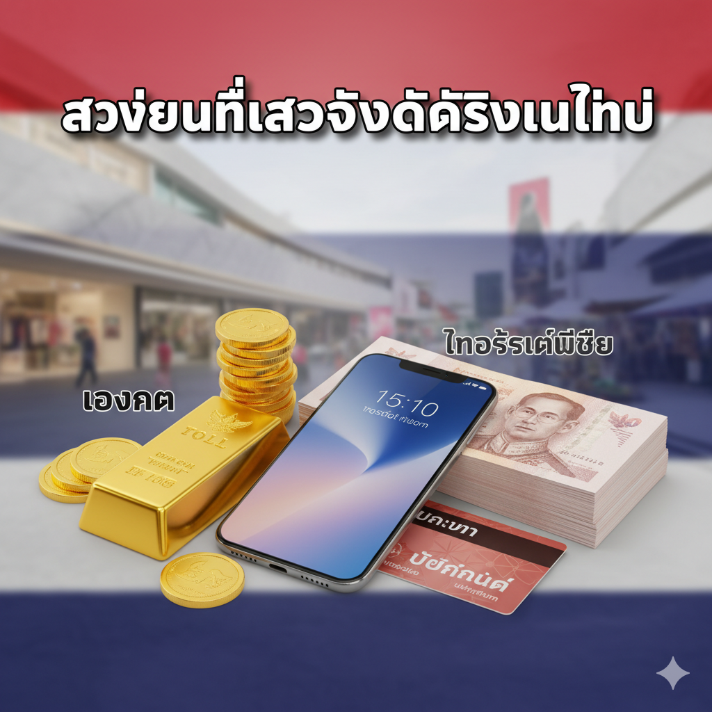 强调pgoslot.com奖励的本地化和实用性优势。画面中心展示一系列对泰国用户有吸引力的实际奖励，而非美国的豪华酒店。元素包括：一根金条或金币（ทองคำ）、一部新款智能手机（โทรศัพท์มือถือ）、以及一叠泰铢或购物卡（บัตรกำนัล）。背景可以模糊化地带出泰国国旗的色彩元素（红、白、蓝）或泰国本地的购物地标。强调文字'รางวัลที่เข้าถึงได้จริงในไทย' (Rewards Accessible in Thailand) 以粗体泰文显示。