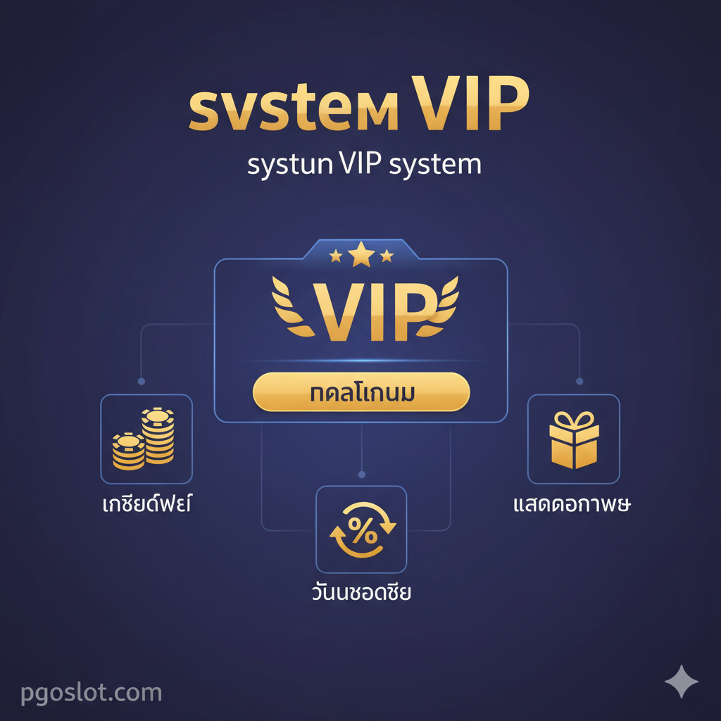 展示pgoslot.com VIP系统核心功能。图片中央是一个简单、直观的'积分仪表盘'或'Progress Bar'，显示一个大的金色VIP等级标志（如Platinum）。周围是三个小图标或卡片：1. 'เครดิตฟรี' (Free Credit) - 一个堆叠的筹码； 2. 'คืนยอดเสีย' (Loss Rebate) - 一个百分比符号和回流箭头； 3. 'แลกของรางวัล' (Redeem Rewards) - 一个礼物盒。整体色调为科技感十足的蓝紫色和金色，强调系统的清晰和透明，与MGM的复杂三层积分（Slot Dollars, Rewards Points, Tier Credits）形成视觉上的对比。