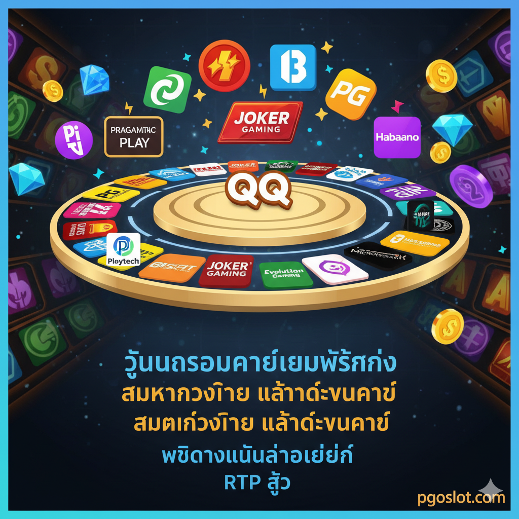 ภาพศูนย์กลางที่เป็นแพลตฟอร์ม QQ Slot ล้อมรอบด้วยโลโก้ Provider ชื่อดัง (Pragmatic, PG, Joker) เน้นการเข้าถึงเกมหลากหลายจากเว็บตรงและ RTP สูง