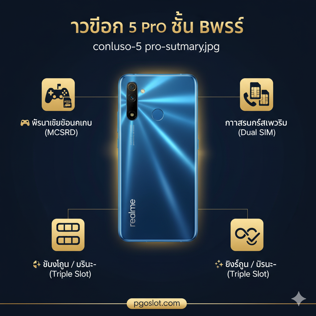 一张简洁的总结性图片，聚焦于更换 SIM 卡托盘（作为备件）的信息。画面主体是一个单独的 realme 5 Pro 卡托盘，带有清晰的三卡槽细节。旁边可以放置一个小型的电子商务界面截图或一个价格标签 (例如 50 – 150 泰铢)，以提供“价格 (Price)”信息。下方用简洁的泰语文字总结关键点，如“Triple Slot (3 ช่อง)”, “Nano-SIM x 2 + MicroSD”, และ “อะไหล่ราคาประหยัด (Affordable Spare Part)”。整体风格专业、实用，帮助用户快速获取更换卡托所需的关键信息。