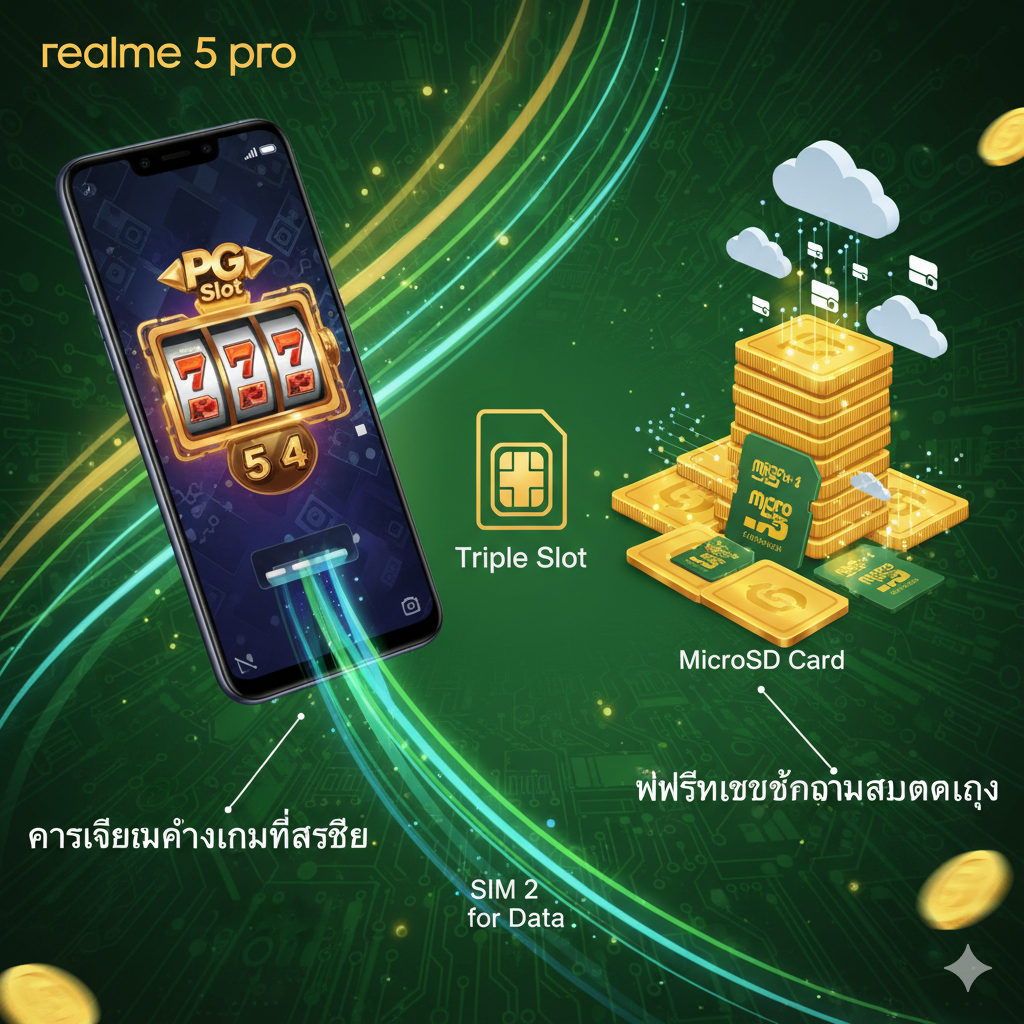 一张强调 Triple Slot 优势的图片，特别针对“游戏 (Slot Gaming)”和存储需求。画面中央是一部 realme 5 Pro 手机，屏幕上显示着一个充满活力的在线老虎机 (Slot Game) 界面，如 PGOSLOT 网站的风格。在手机旁边，以图标和文字强调优势：左边是一个双 SIM 卡图标 (代表双卡双待通讯不中断)，右边是一个 MicroSD 卡图标旁边显示“256GB”或“更多存储空间”，暗示用户可以同时保持连接、拥有海量存储，并流畅地玩在线老虎机游戏。使用动态和高饱和度的色彩来增强游戏的沉浸感和优势。