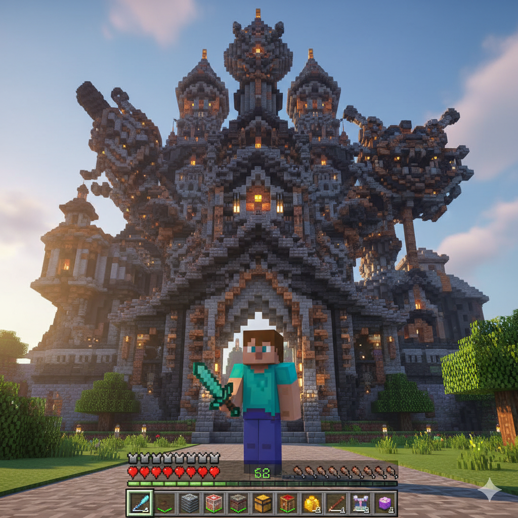 一张总结性的高品质游戏场景图。画面中心是一个玩家ตัวละคร (Steve/Alex) ยืนอยู่หน้า 建筑作品 (เช่น ปราสาทหรือเครื่องจักรที่ซับซ้อน) โดยมี Hotbar ของเขา/เธอปรากฏชัดเจน เต็มไปด้วยเครื่องมือและไอเท็มหายาก องค์ประกอบภาพควรผสานรวม ผู้เล่น, สิ่งก่อสร้าง, และ Inventory Slot (Hotbar) ได้อย่างกลมกลืน ซึ่งเป็นสัญลักษณ์ของการสร้างสรรค์ที่ยิ่งใหญ่ผ่านการจัดการ “Slot” ที่ดี บรรยากาศโดยรวมควรแสดงถึงความสำเร็จและความพึงพอใจ